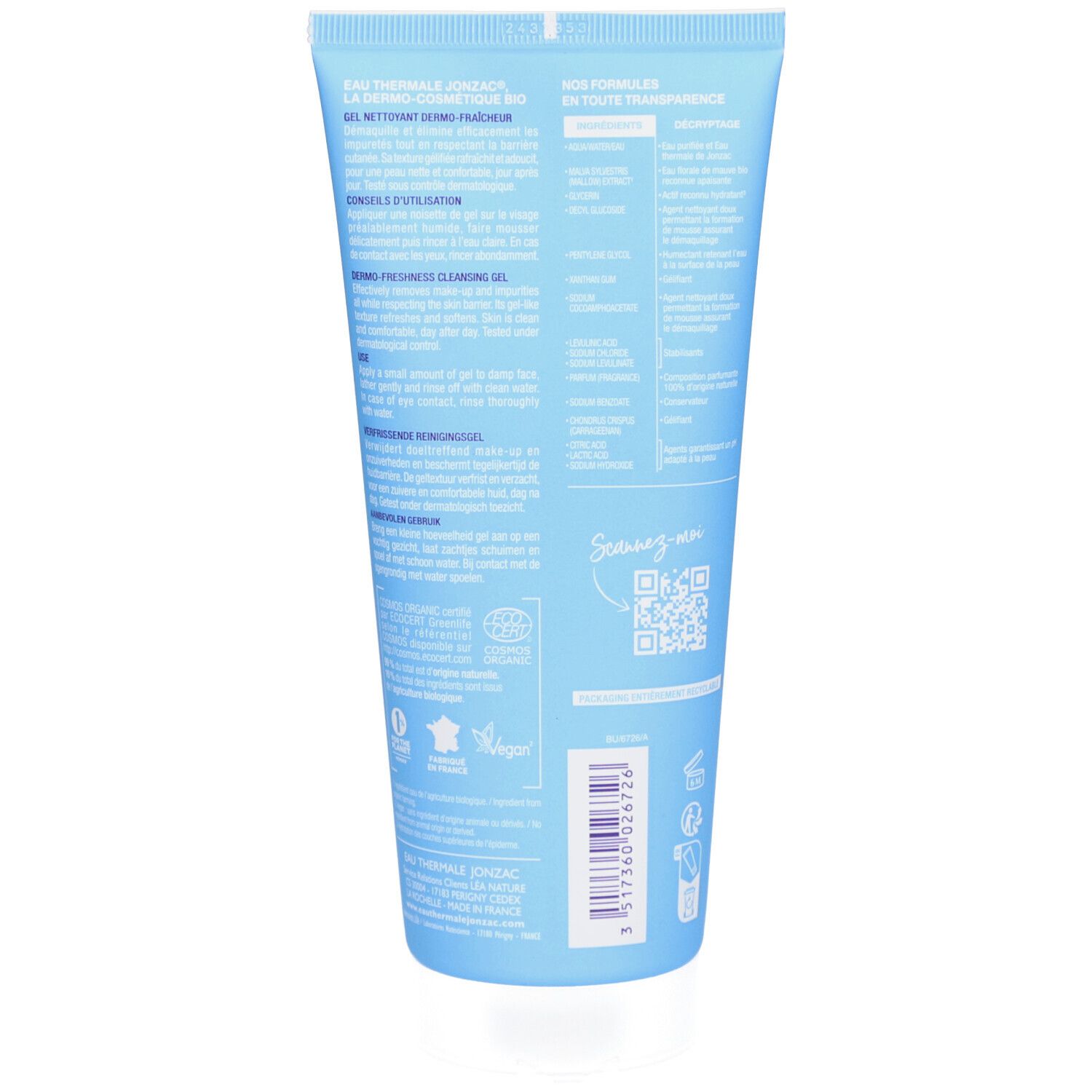 Dos d'un tube bleu. Texte: informations produit, ingrédients, mode d'emploi. Certification bio, code QR, code-barres.