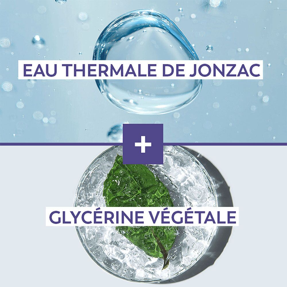 Graphique avec gouttes d'eau et bulle. Texte: Eau Thermale de Jonzac + Glycérine Végétale.