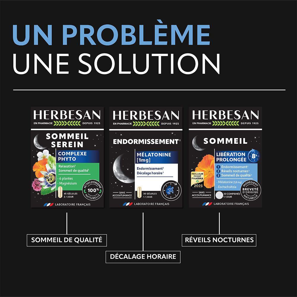 Comparaison produits Herbesan. Sommeil serein, endormissement, mélatonine, décalage horaire, réveils nocturnes.