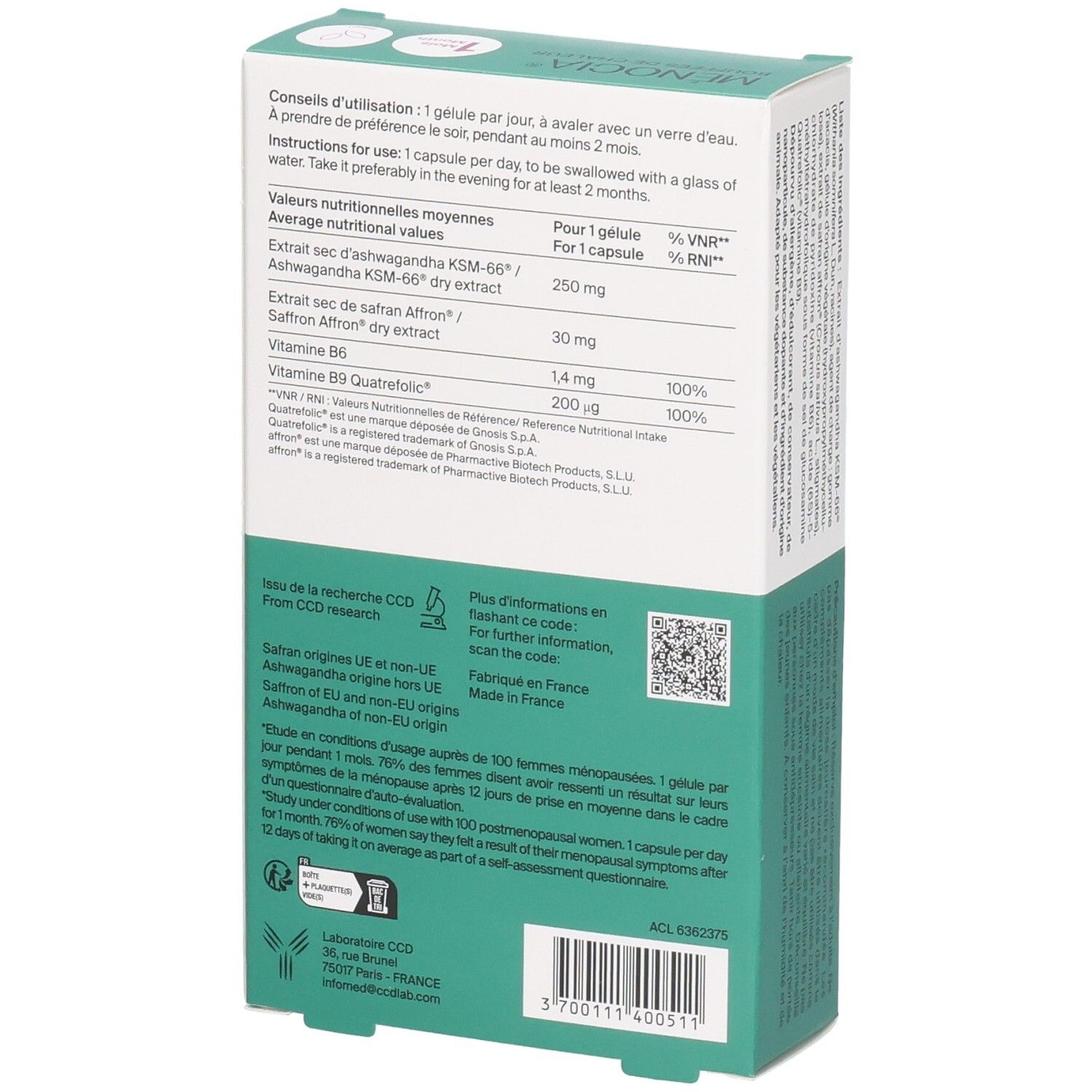 Vue latérale de la boîte MENOCIA Bouffées de Chaleur, avec informations nutritionnelles et fabrication.