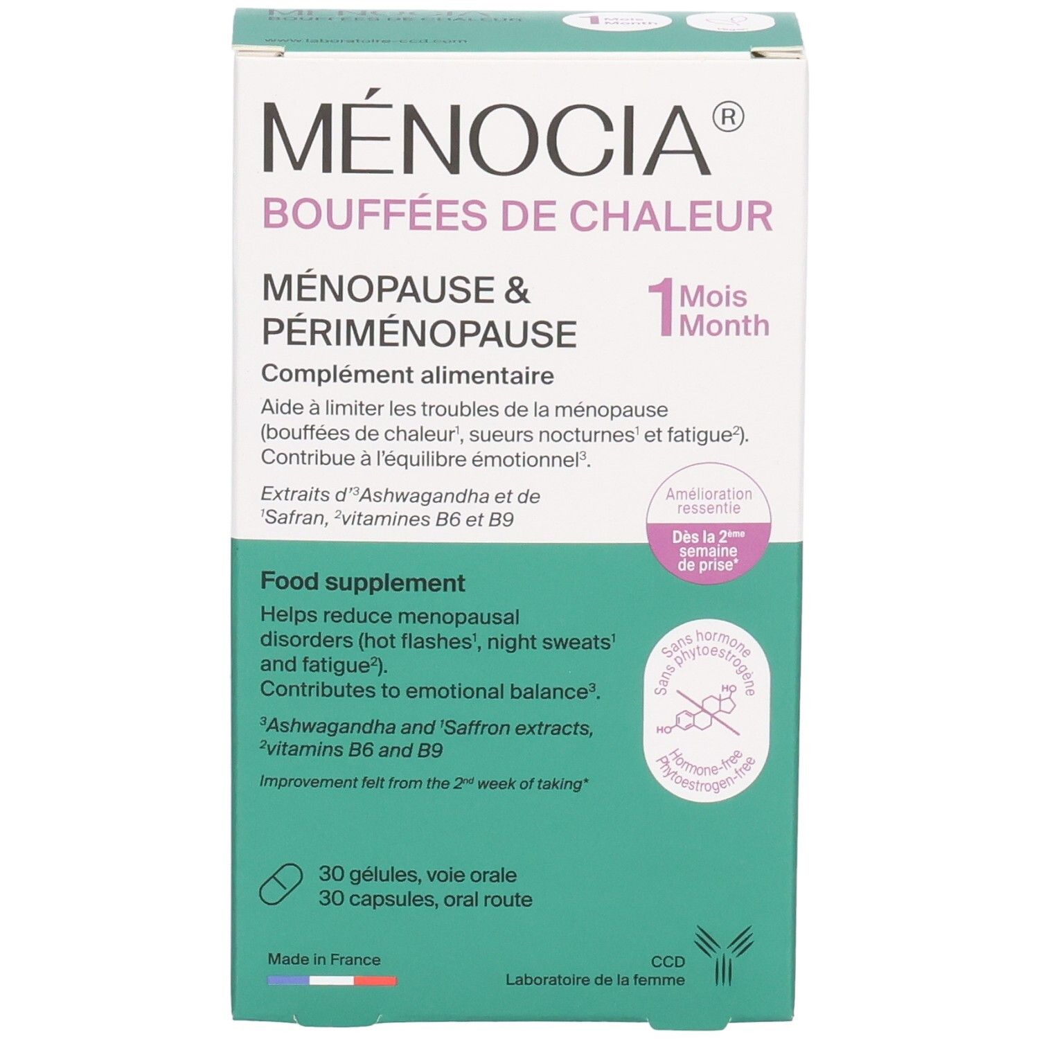 Face avant de la boîte MENOCIA Bouffées de Chaleur, indiquant le nom du produit et son usage.
