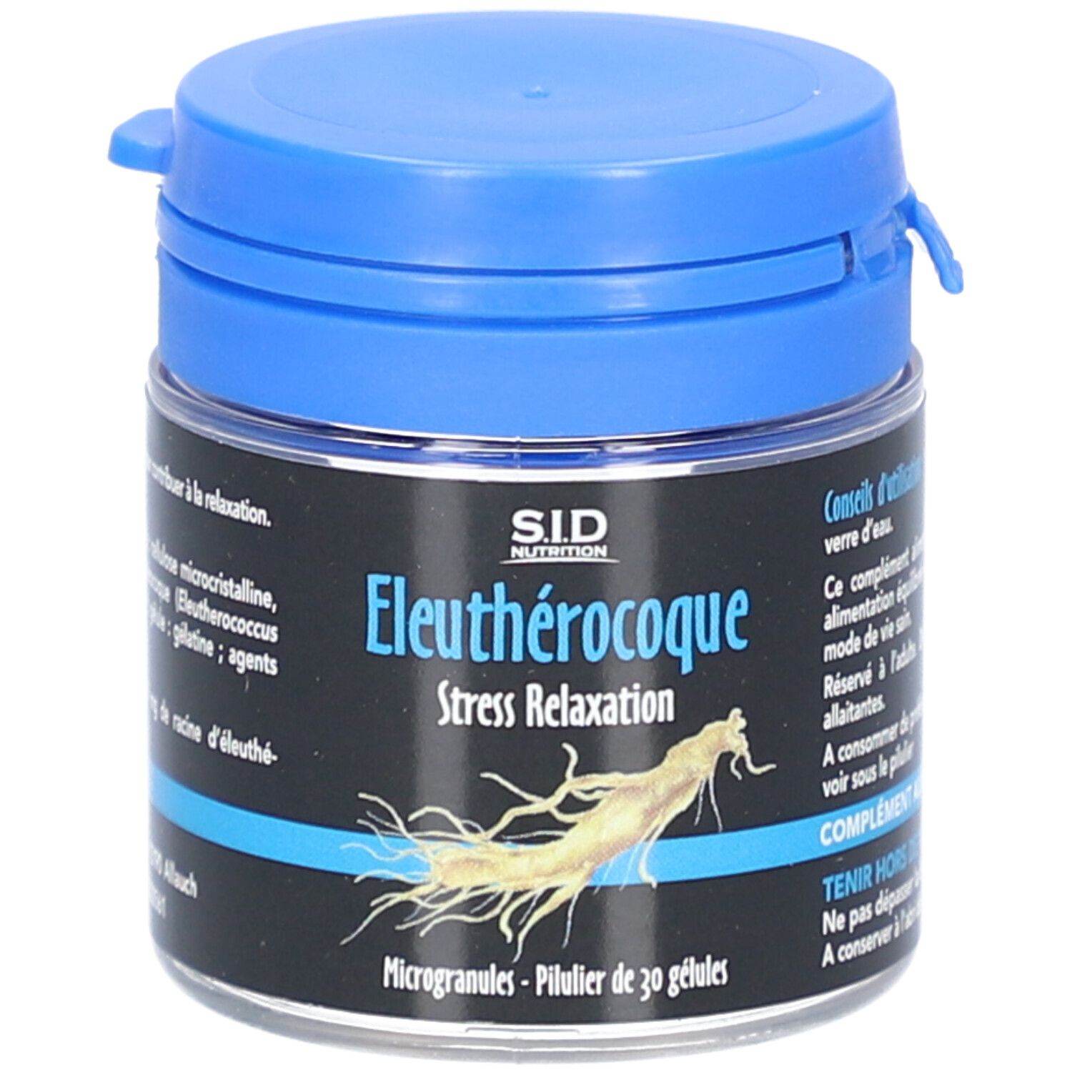 Pot bleu. Inscription: SID Nutrition, Eleutherocoque, Stress Relaxation. Contient 30 gélules.