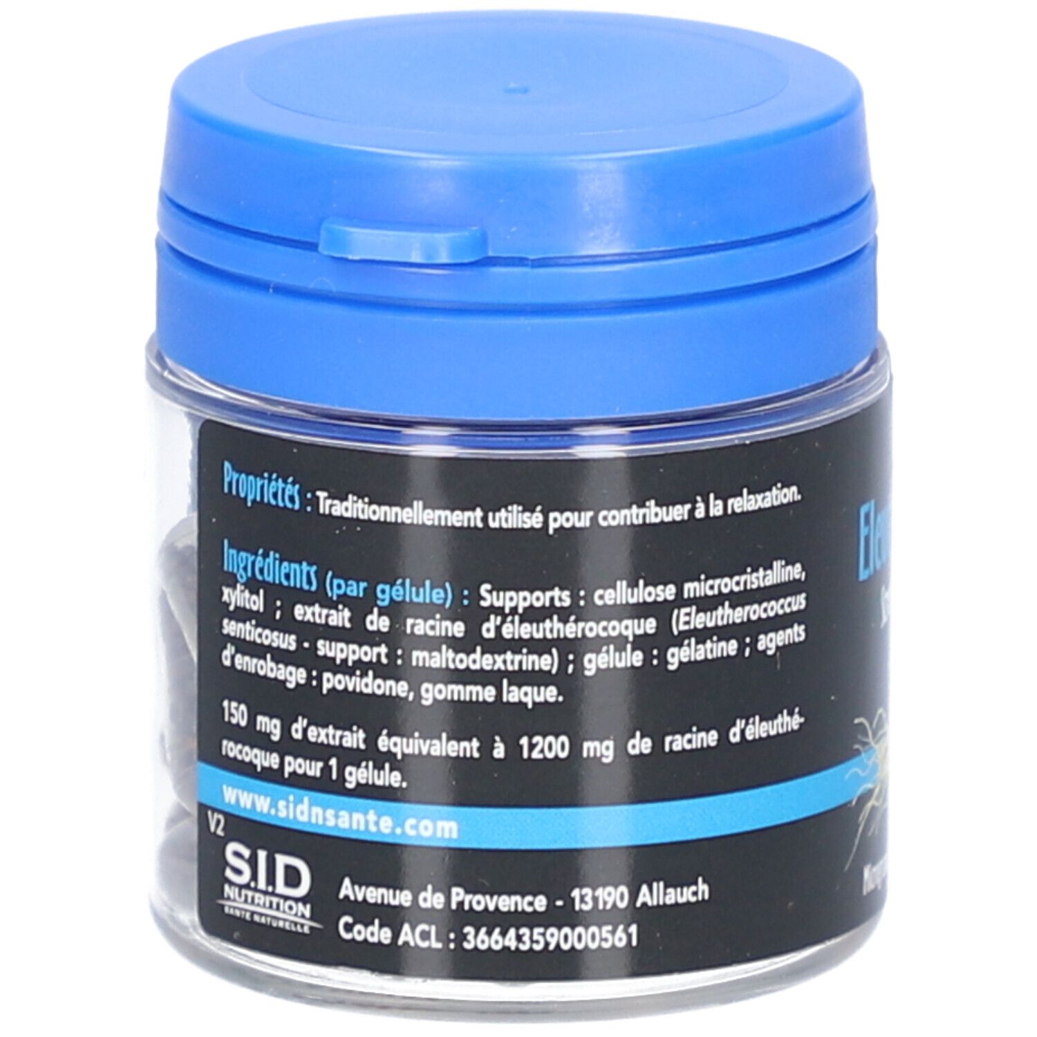 Dos du pot. Liste des ingrédients: Eleutherococcus, maltodextrine, gélatine. Adresse: Sidsante.com.