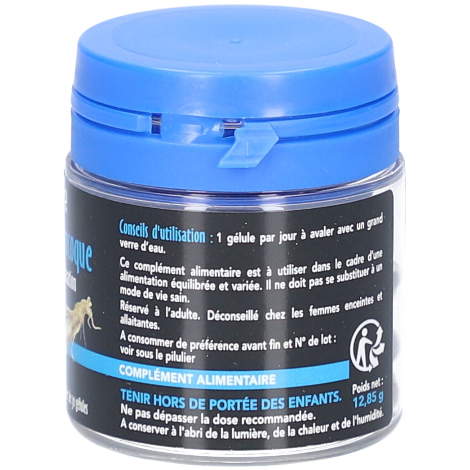 Dos du pot avec bouchon bleu. Mode d'emploi: 1 gélule par jour. Inscription: Eleutherocoque.