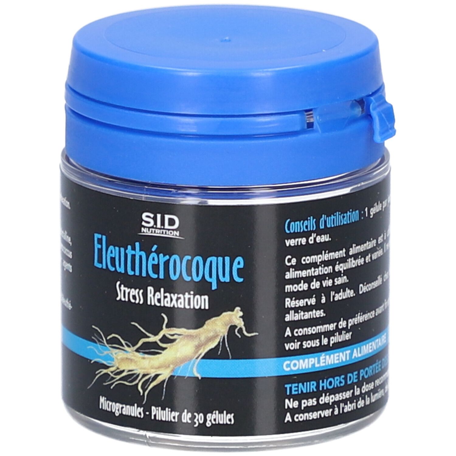 Pot bleu. Inscription: SID Nutrition, Eleutherocoque, Stress Relaxation. 30 gélules.
