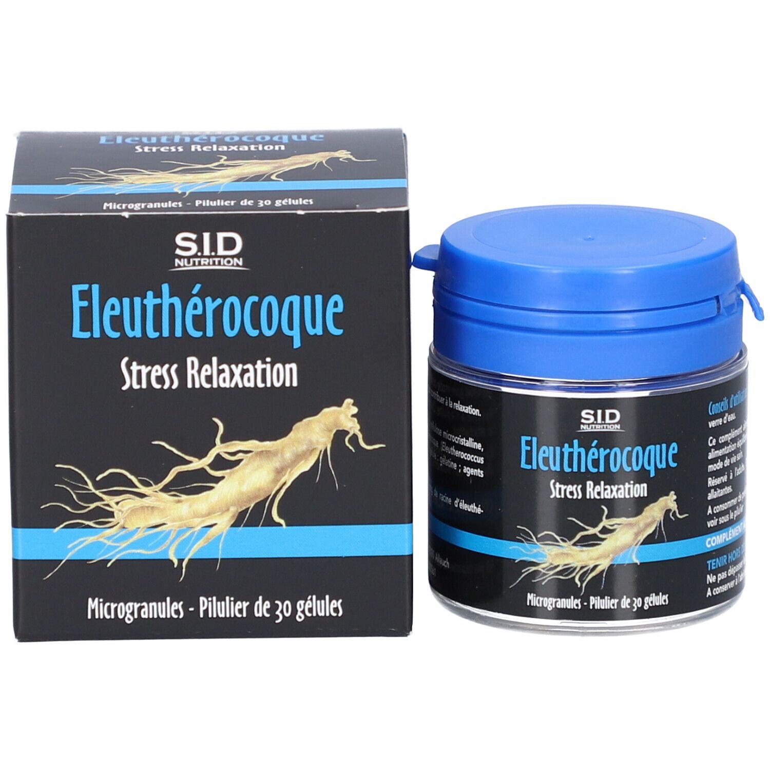 Emballage du produit: pot et boîte. Inscription: SID Nutrition, Eleutherocoque, Stress Relaxation. 30 gélules.