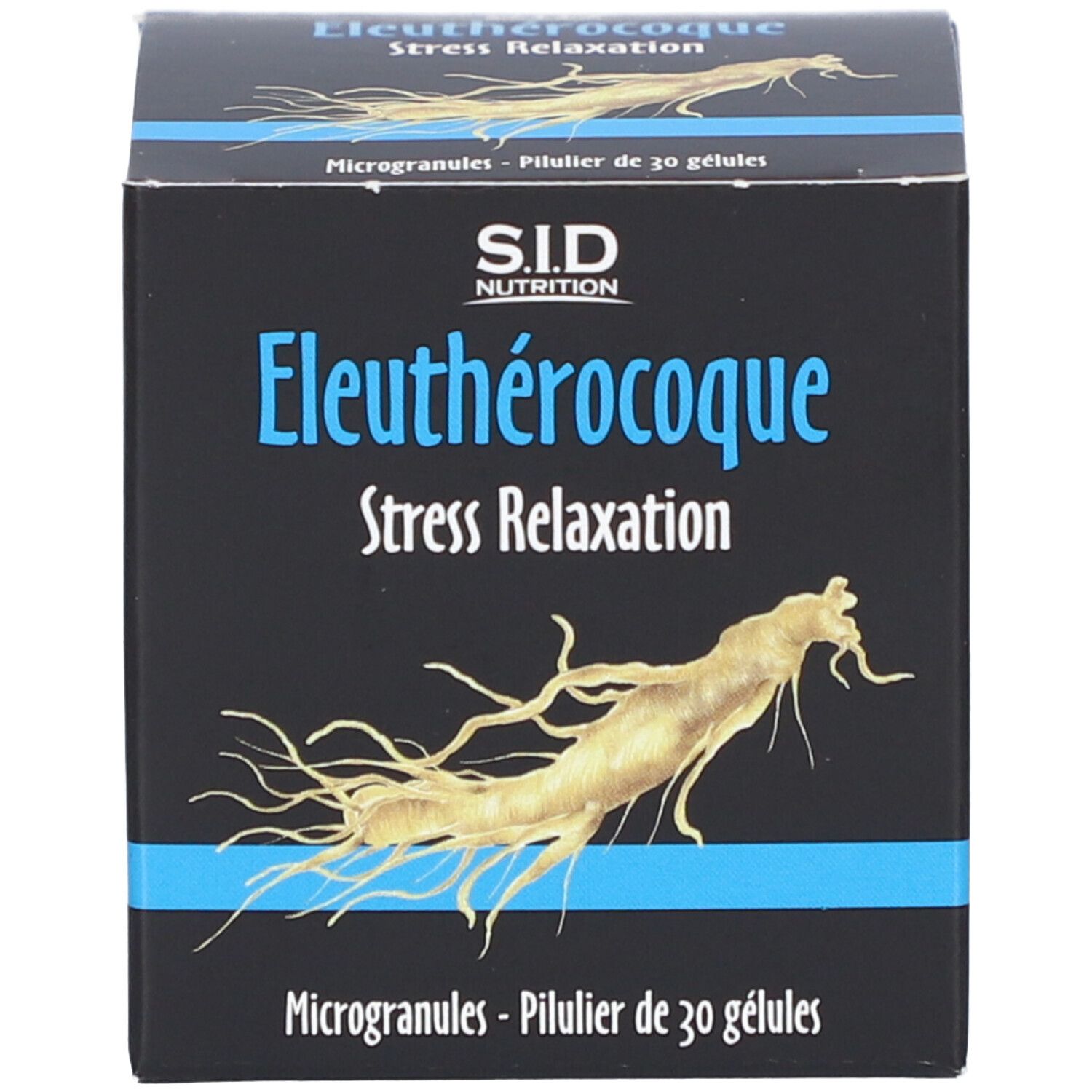 Boîte. Inscription: SID Nutrition, Eleutherocoque, Stress Relaxation. 30 gélules.