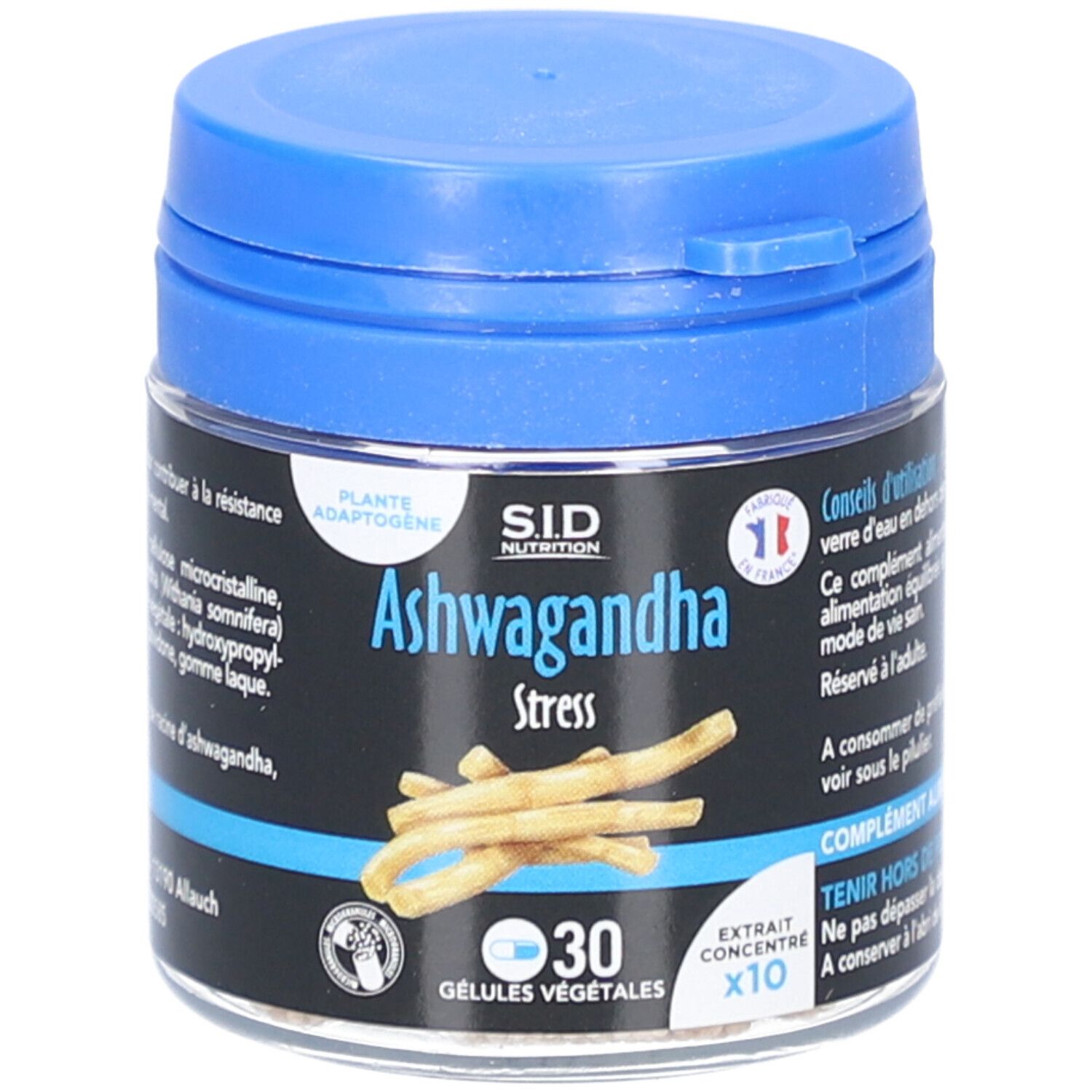 Pot de gélules avec couvercle bleu. Inscription: Ashwagandha Stress, 30 gélules. Logo SID Nutrition. Drapeau français.