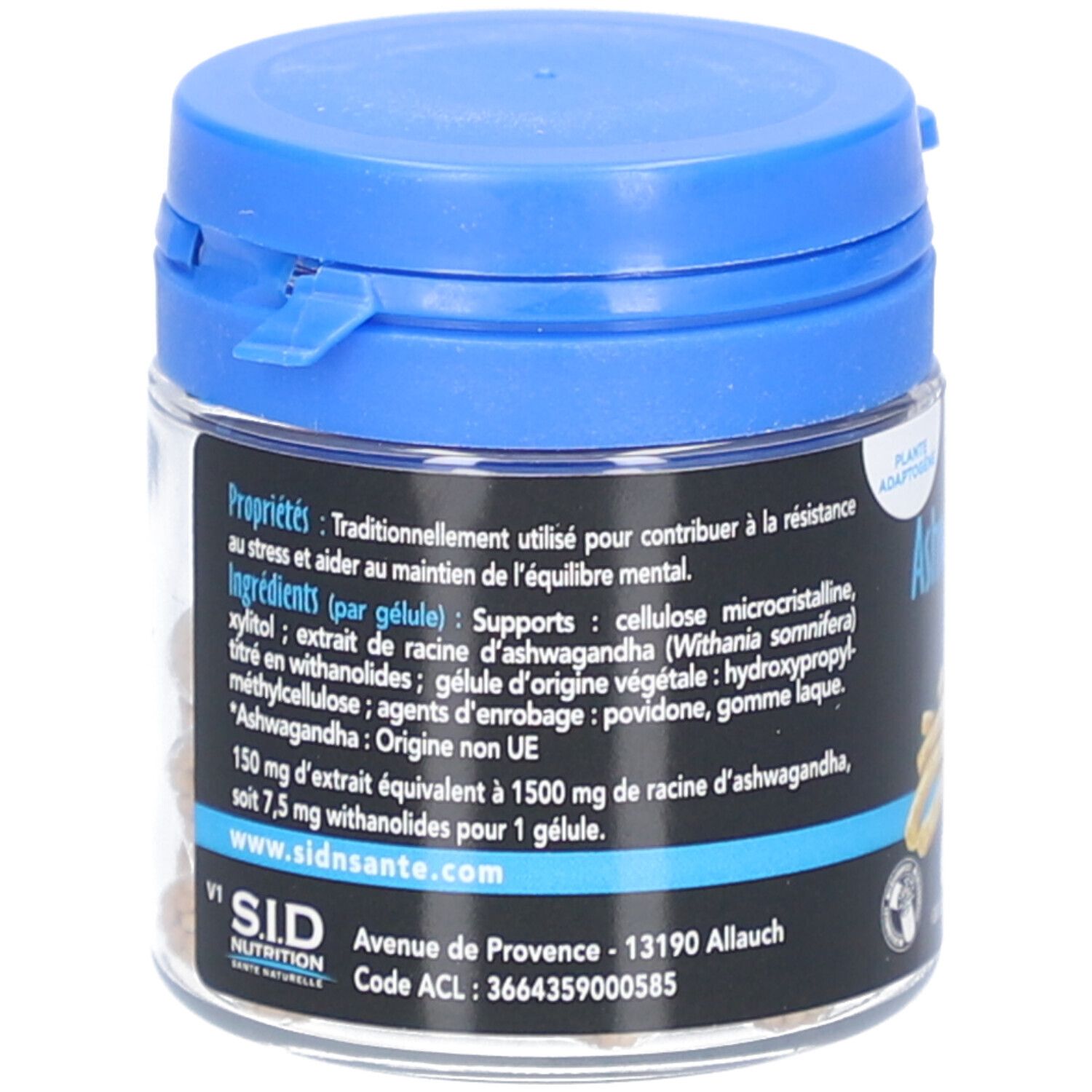 Pot de gélules avec couvercle bleu. Inscription: Ashwagandha Stress. Liste des ingrédients. Logo SID Nutrition. Drapeau français.