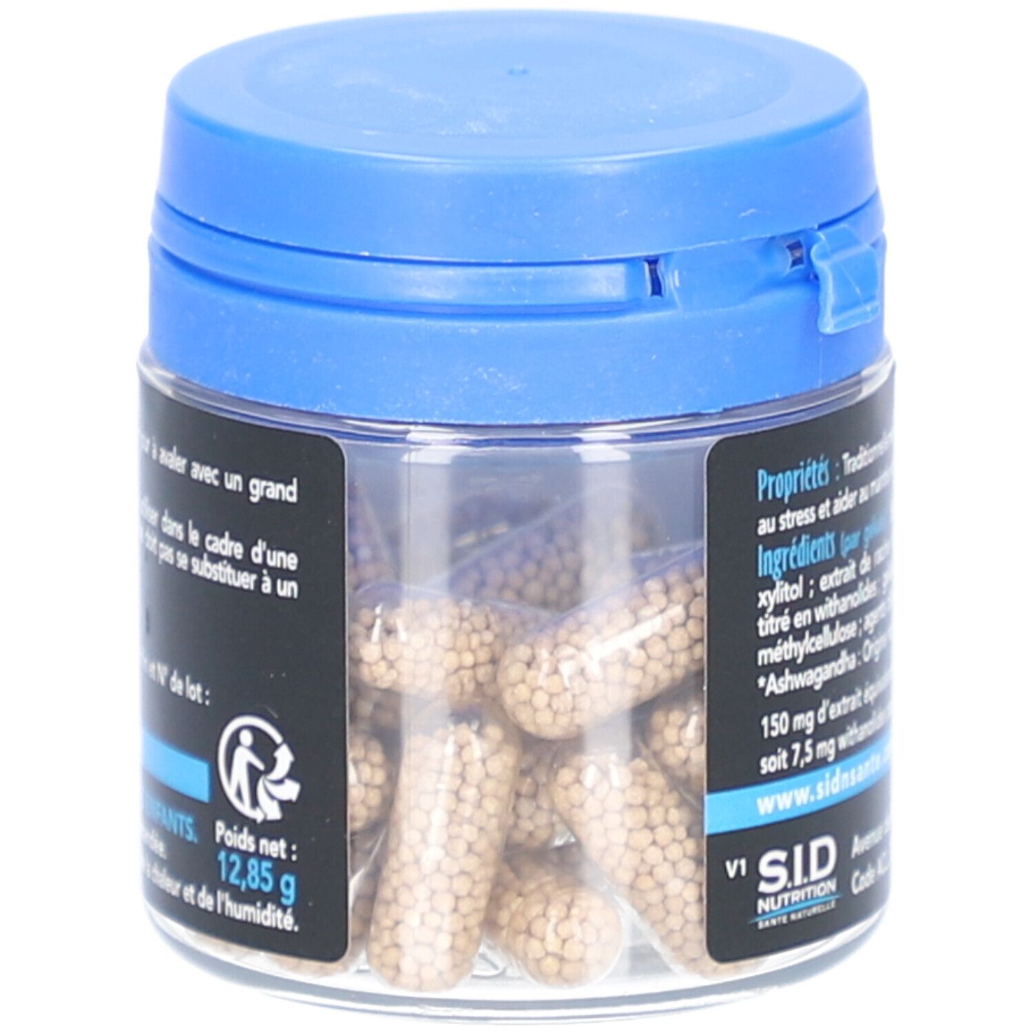 Gélules dans un pot transparent avec couvercle bleu. Inscription: Ashwagandha Stress. Logo SID Nutrition. Drapeau français.