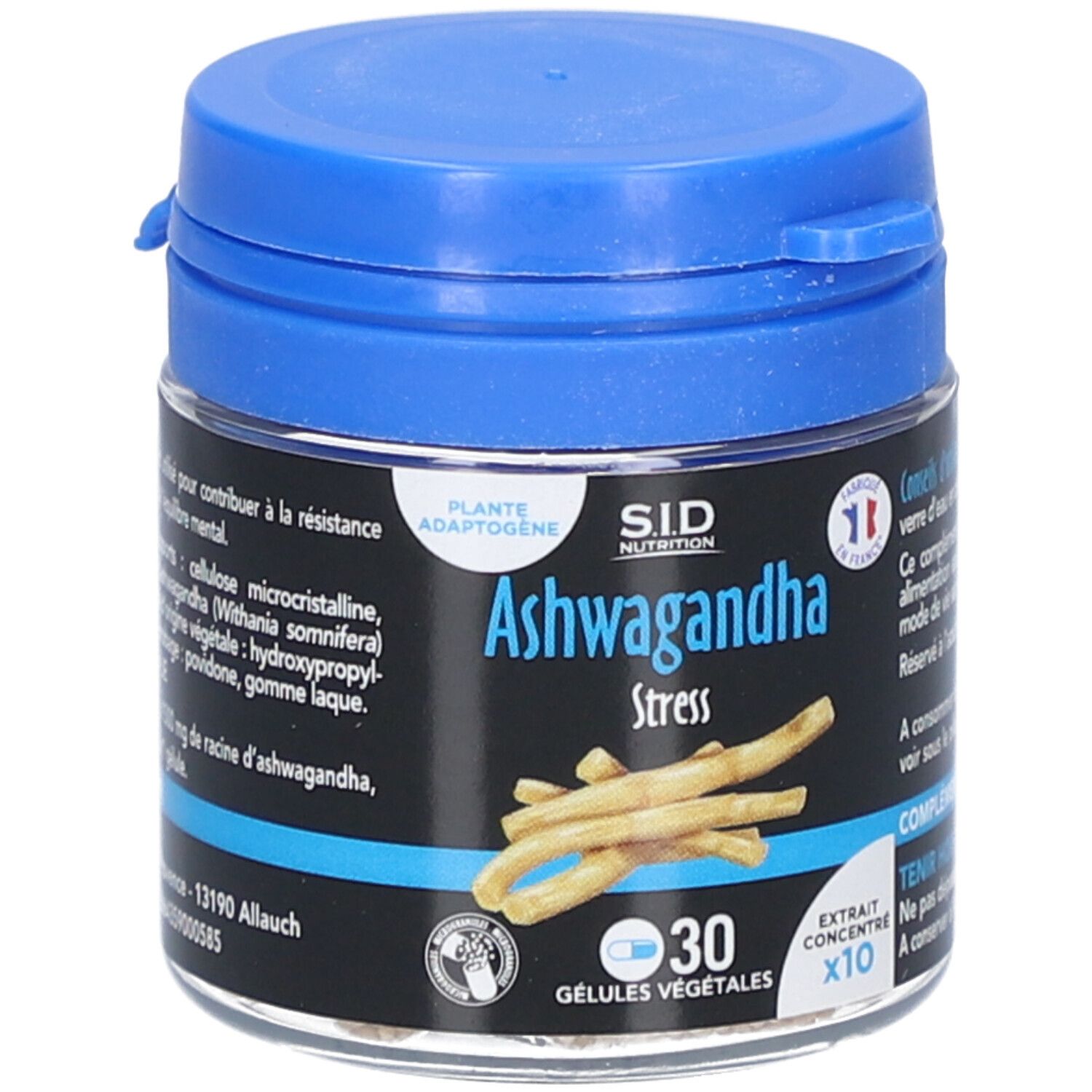 Pot de gélules avec couvercle bleu. Inscription: Ashwagandha Stress, 30 gélules. Liste des ingrédients. Logo SID Nutrition. Drapeau français.