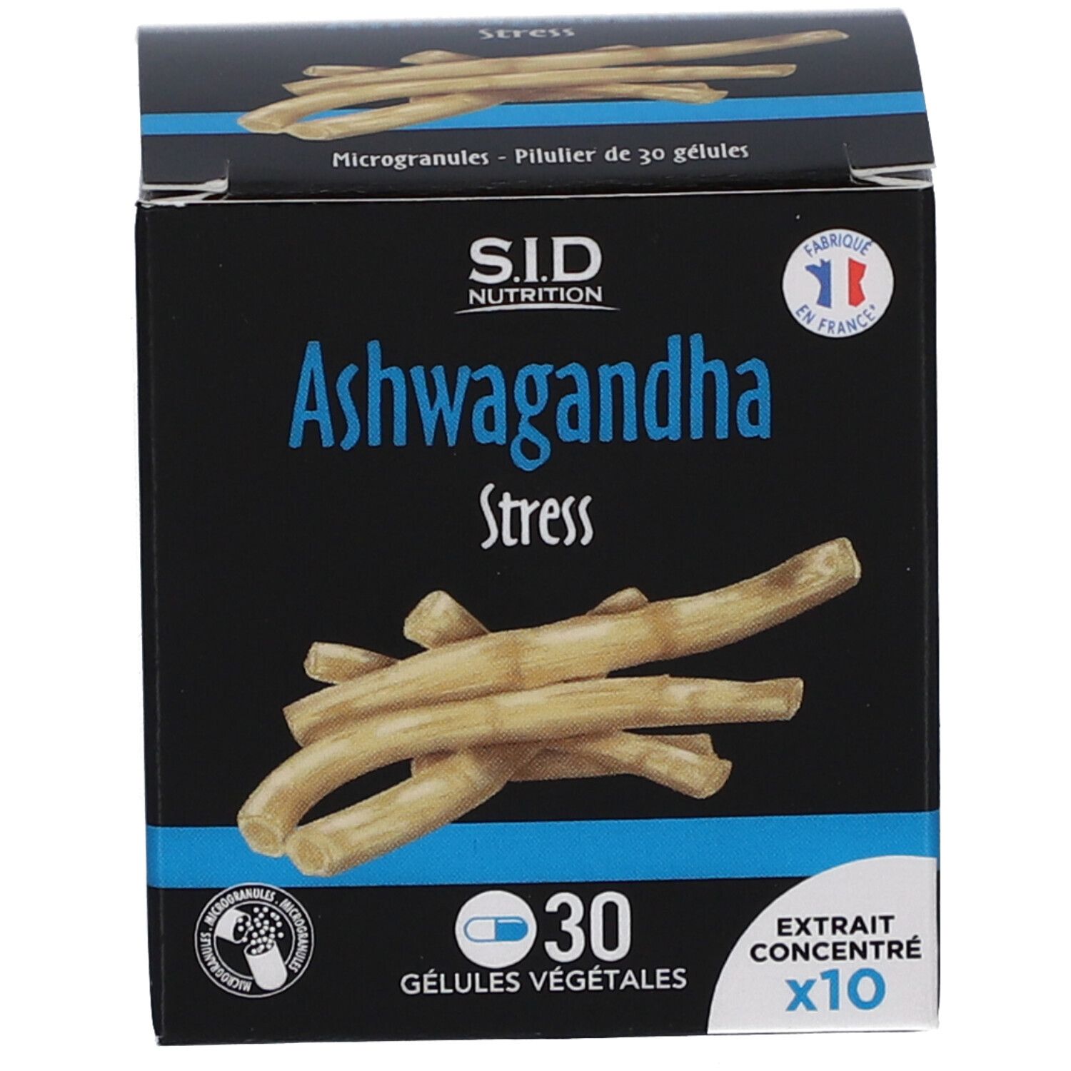 Boîte avec inscription: Ashwagandha Stress, 30 gélules. Logo SID Nutrition. Drapeau français. Microgranules.