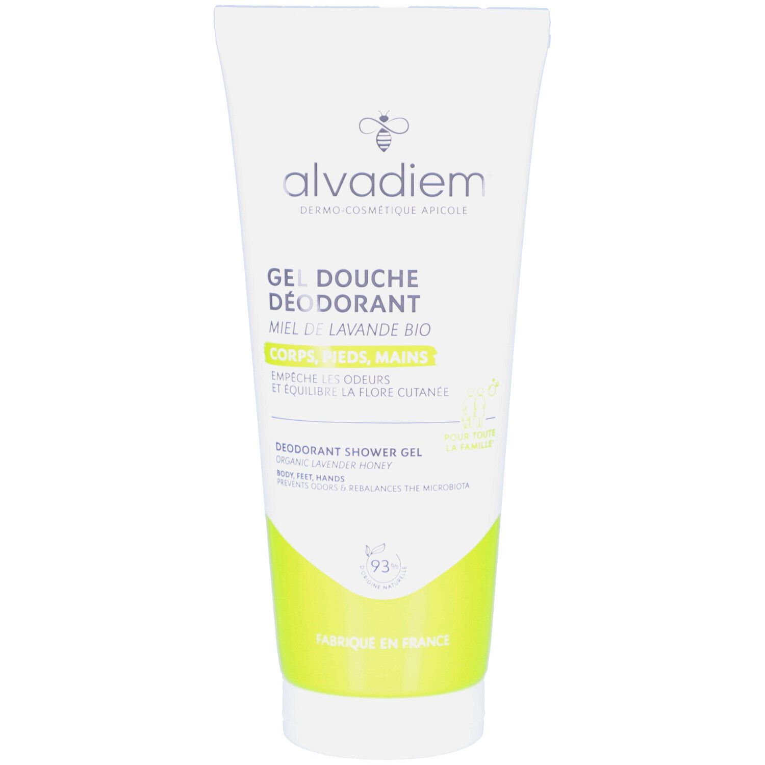 Tube blanc et vert. Inscription: ALVADIEM, Gel Douche Déodorant, miel, lavande. Logo abeille. 93% ingrédients d'origine naturelle.