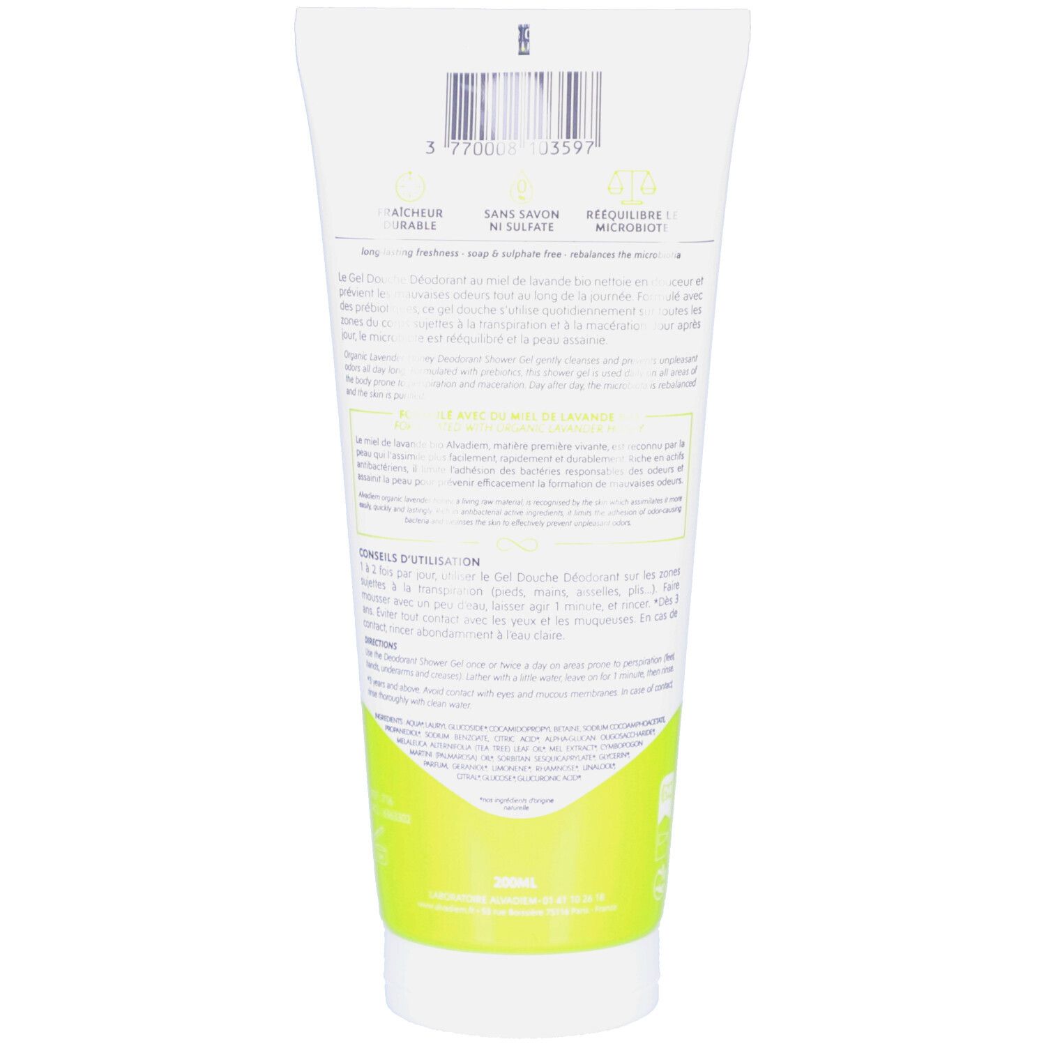 Dos du tube. Texte multilingue. Code-barres. Inscription: Sans savon, sans sulfate, réduit les microbes.