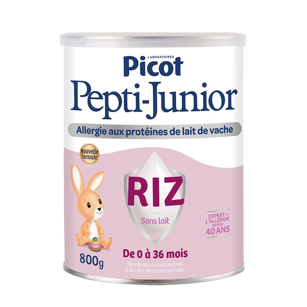 Boîte Picot Pepti-Junior, riz, sans lait, pour bébés de 0-36 mois. Boîte rose avec lapin et informations produit.