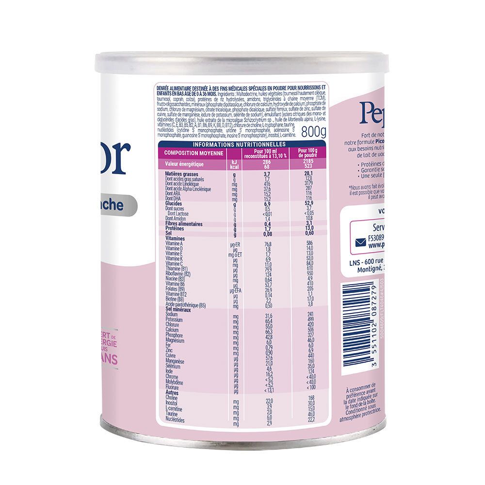 Dos de la boîte Picot Pepti-Junior. Contient des informations nutritionnelles et la composition du produit en français.