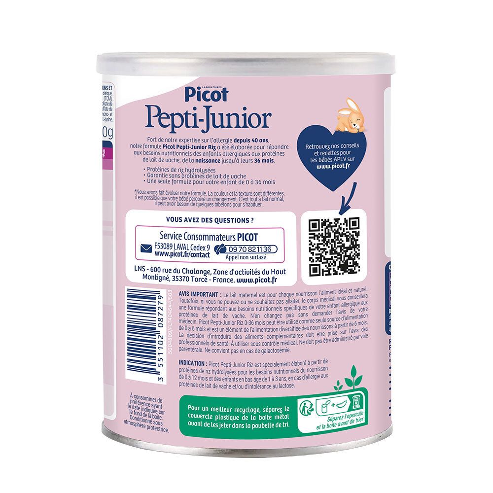 Dos de la boîte Picot Pepti-Junior. Contient des informations, un QR code et des avertissements en français.