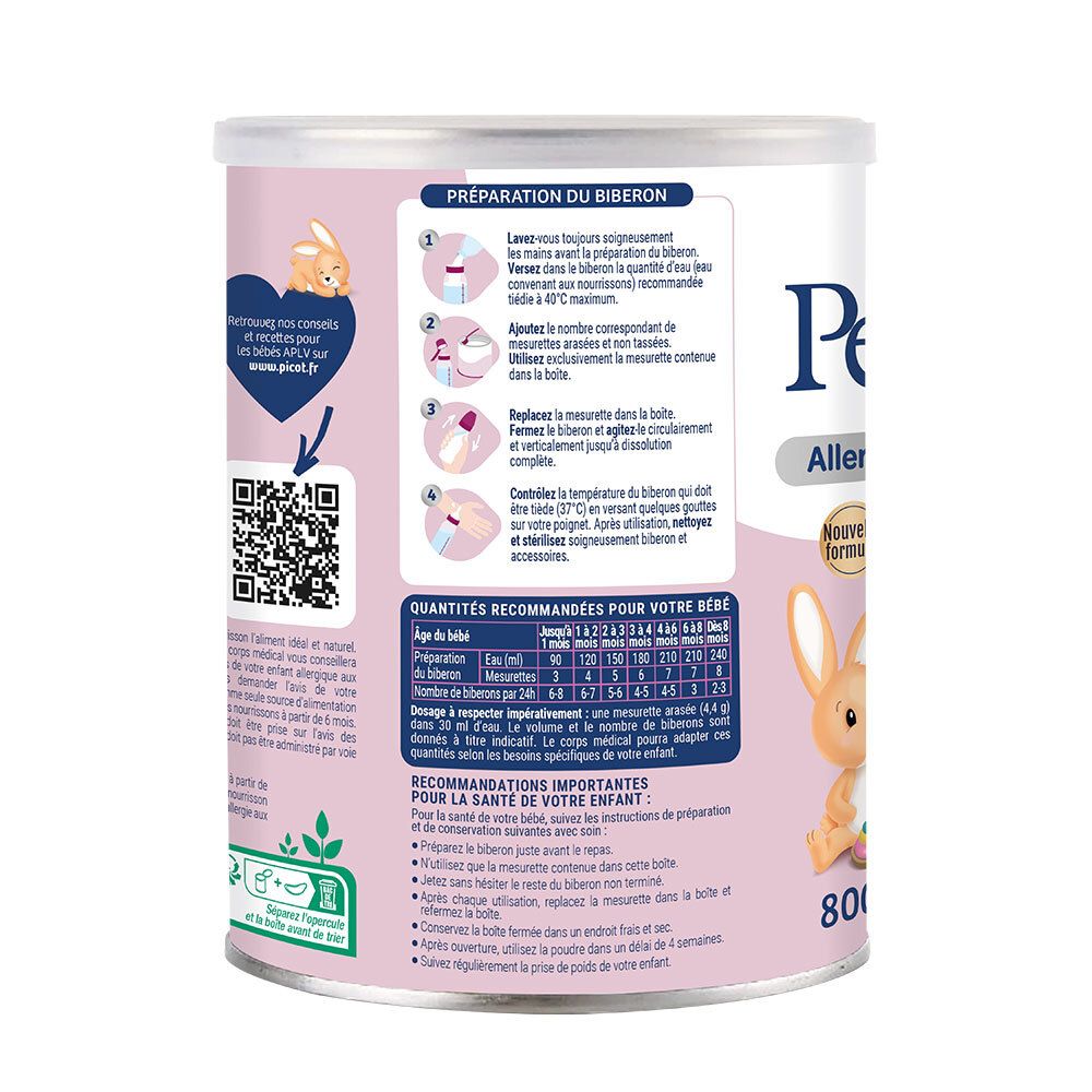 Dos de la boîte Picot Pepti-Junior. Instructions de préparation du biberon et recommandations de dosage.