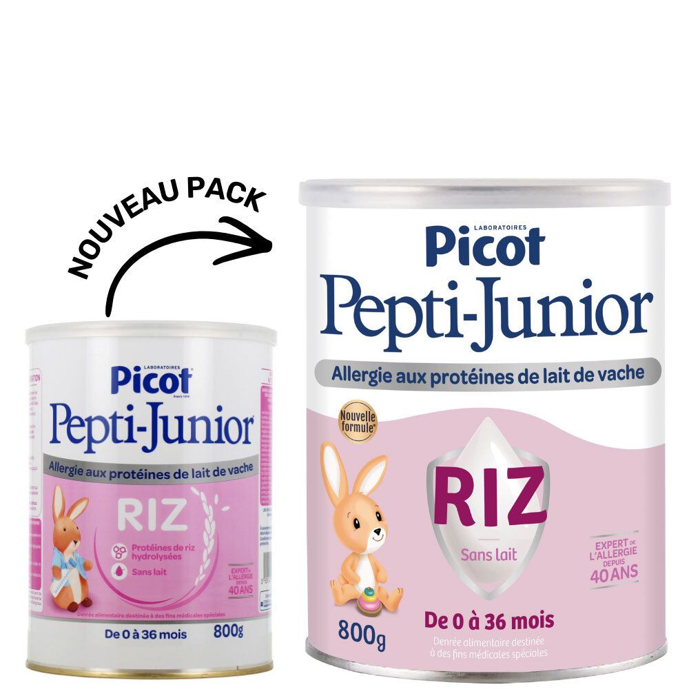 Deux boîtes Picot Pepti-Junior. Une petite et une grande boîte. Les deux affichent les informations produit et le logo.