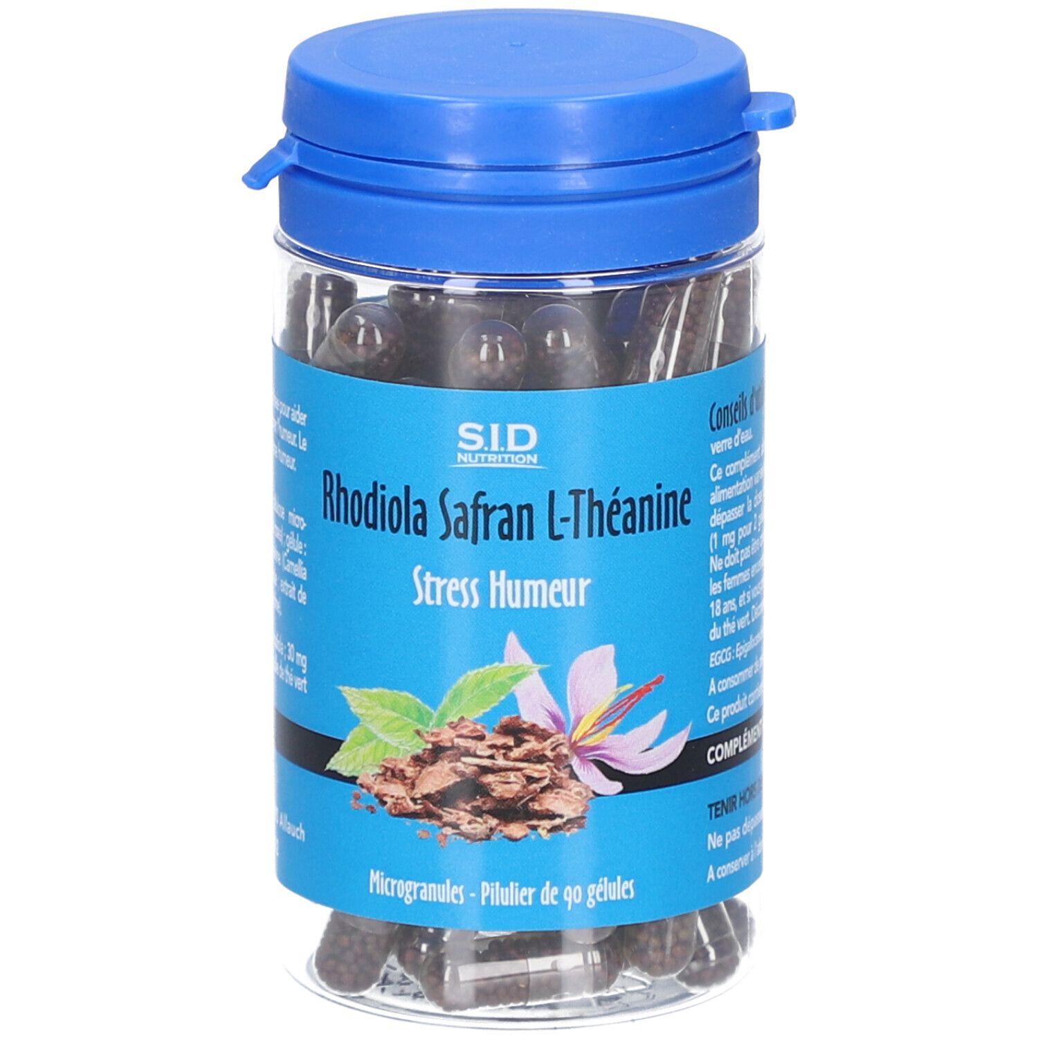 Flacon transparent avec bouchon bleu contenant des gélules. Inscription: Rhodiola Safran L-Théanine, Stress Humour. Illustration de plantes.