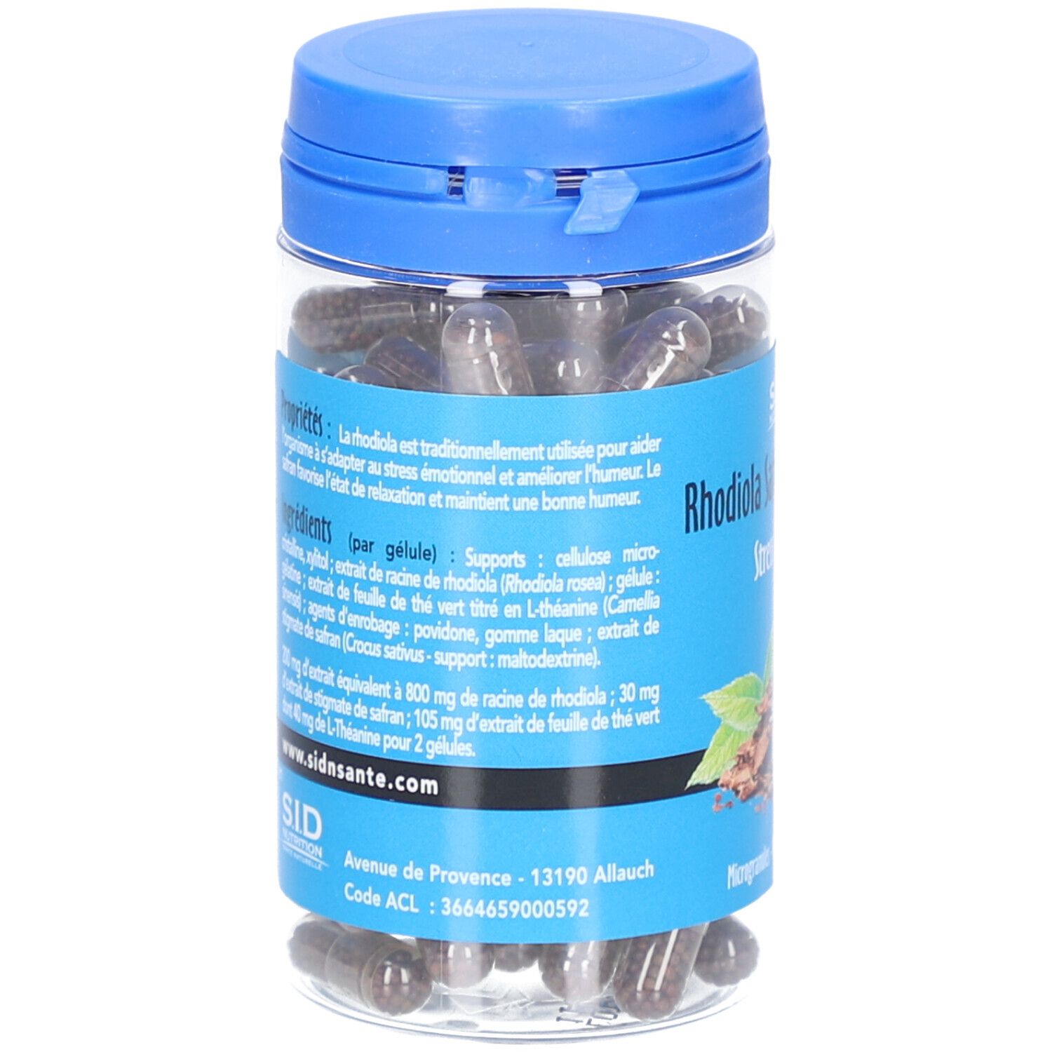 Flacon transparent avec bouchon bleu rempli de gélules. Inscription: Rhodiola Safran L-Théanine. Étiquette bleue avec ingrédients et logo.