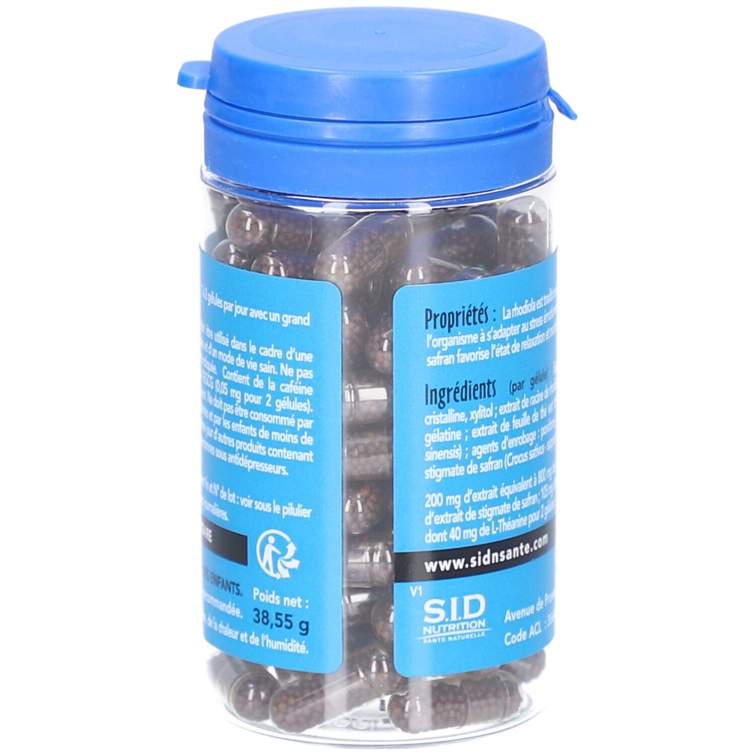 Flacon transparent avec bouchon bleu rempli de gélules. Inscription: Rhodiola Safran L-Théanine. Étiquette bleue avec ingrédients et logo.