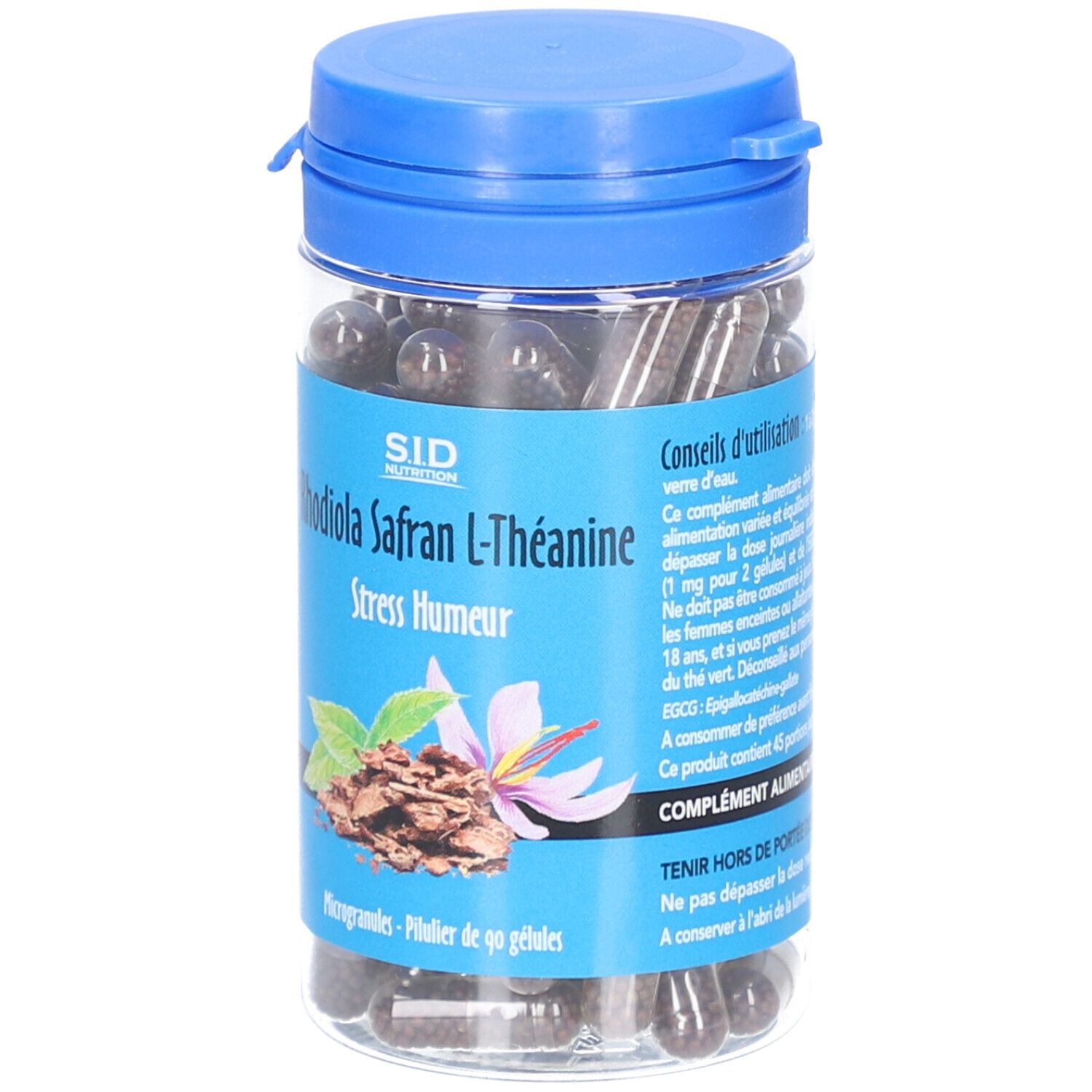 Flacon transparent avec bouchon bleu contenant des gélules. Inscription: Rhodiola Safran L-Théanine, Stress Humour. Illustration de plantes.