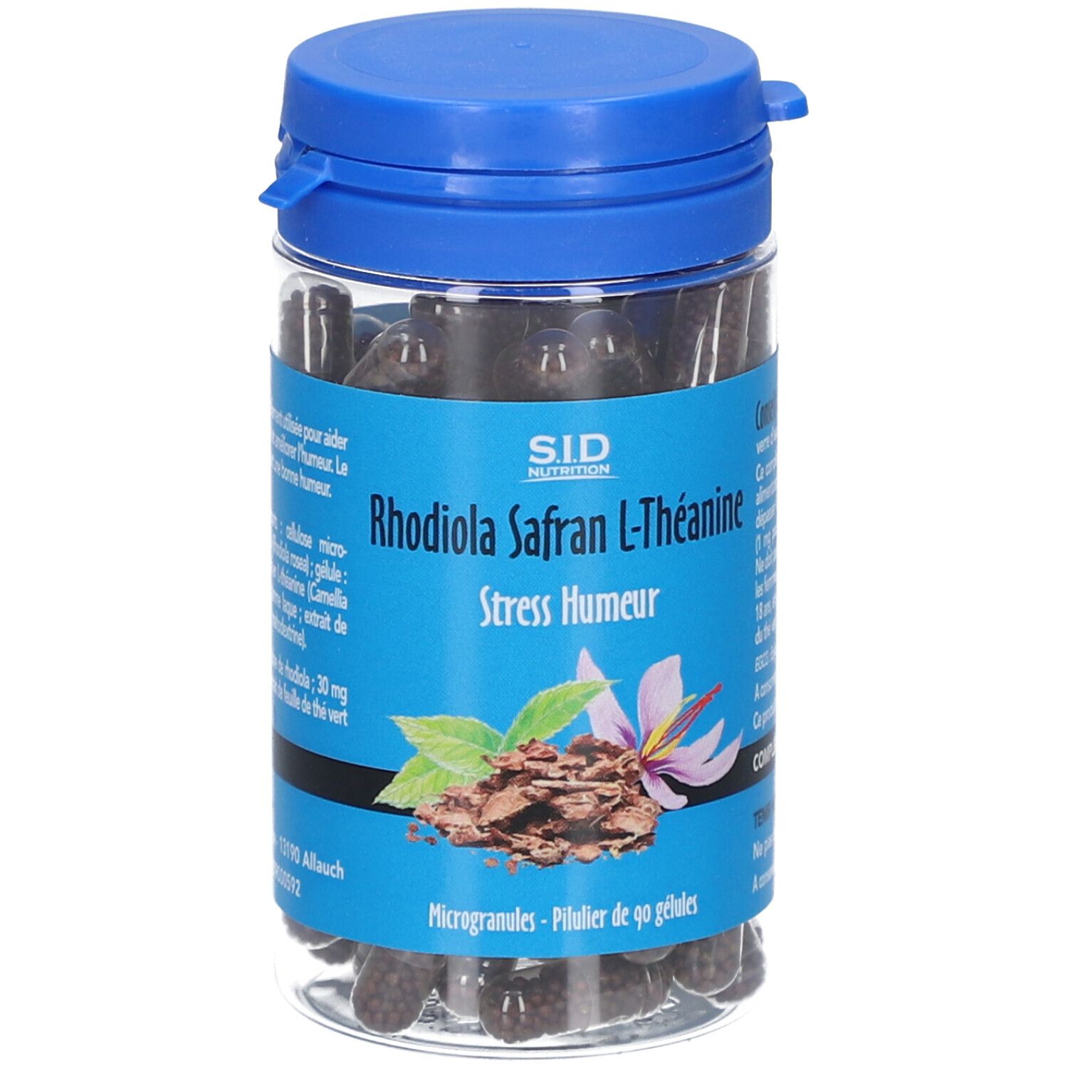 Flacon transparent avec bouchon bleu contenant des gélules. Inscription: Rhodiola Safran L-Théanine, Stress Humour. Illustration de plantes.