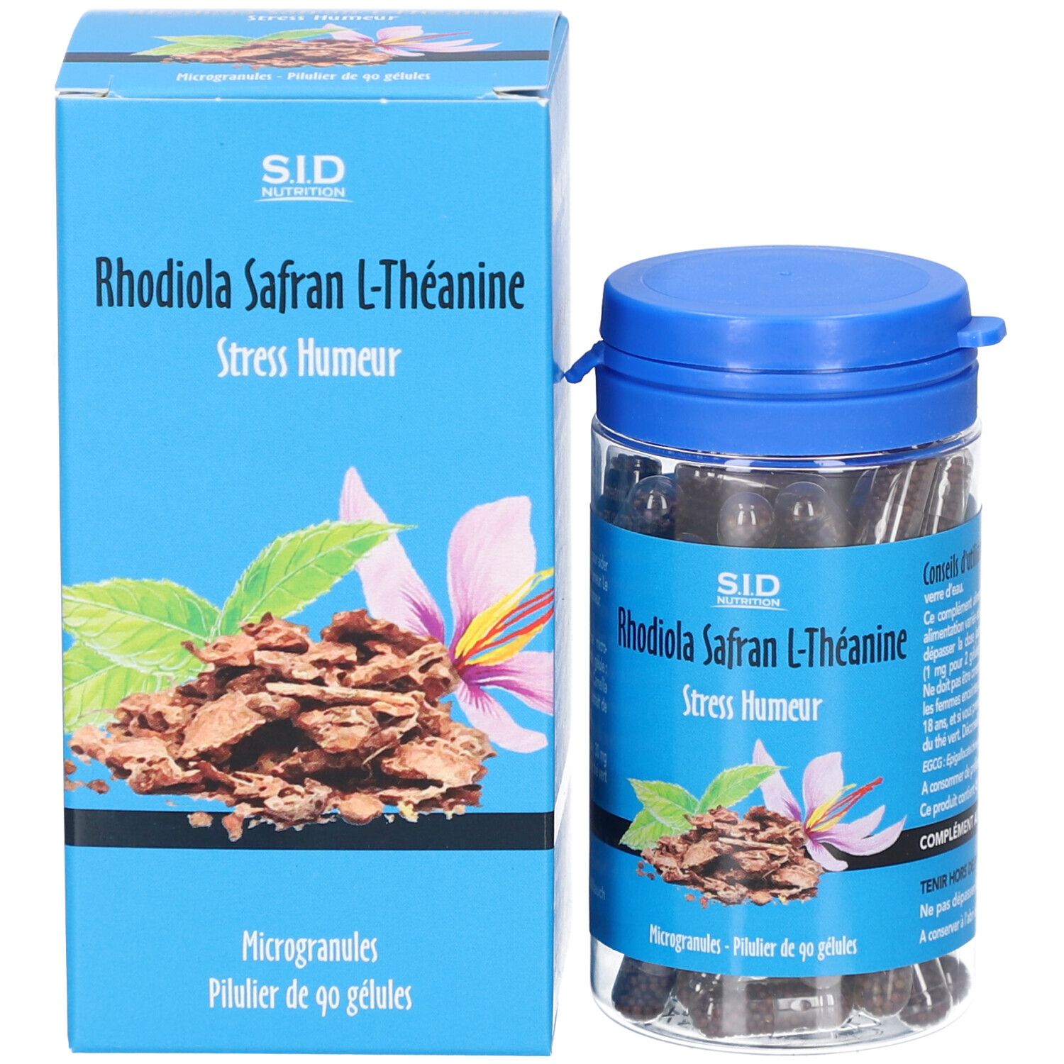 Boîte bleue et flacon transparent avec bouchon bleu contenant des gélules. Inscription: Rhodiola Safran L-Théanine, Stress Humour.