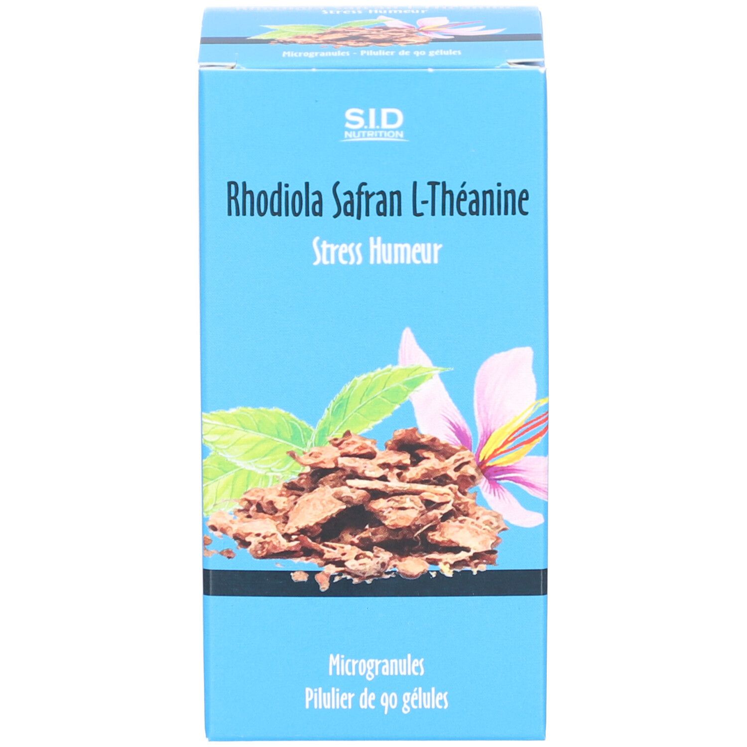 Boîte bleue avec inscription: Rhodiola Safran L-Théanine, Stress Humour. Illustration de plantes. Contient 90 gélules.