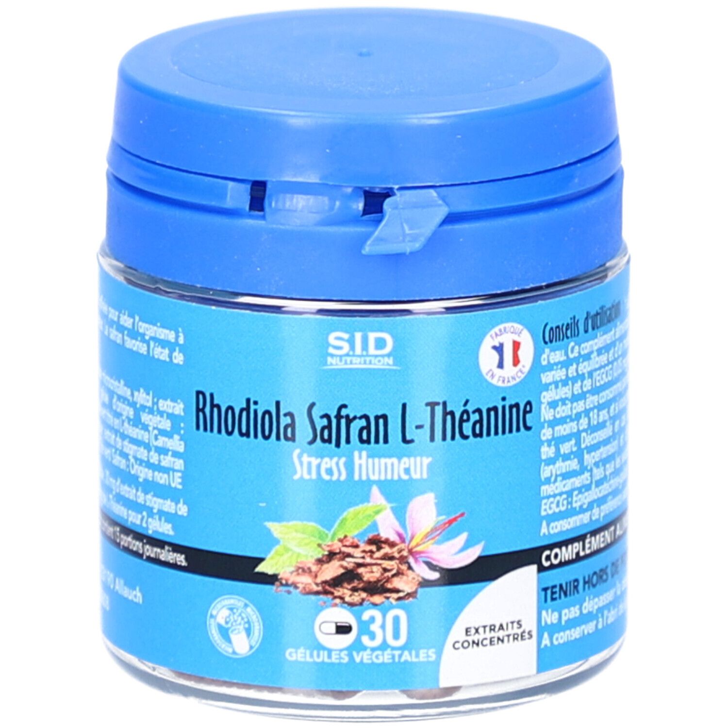 Boîte bleue SID Nutrition Rhodiola Safran L-Théanine. 30 gélules. Drapeau français.