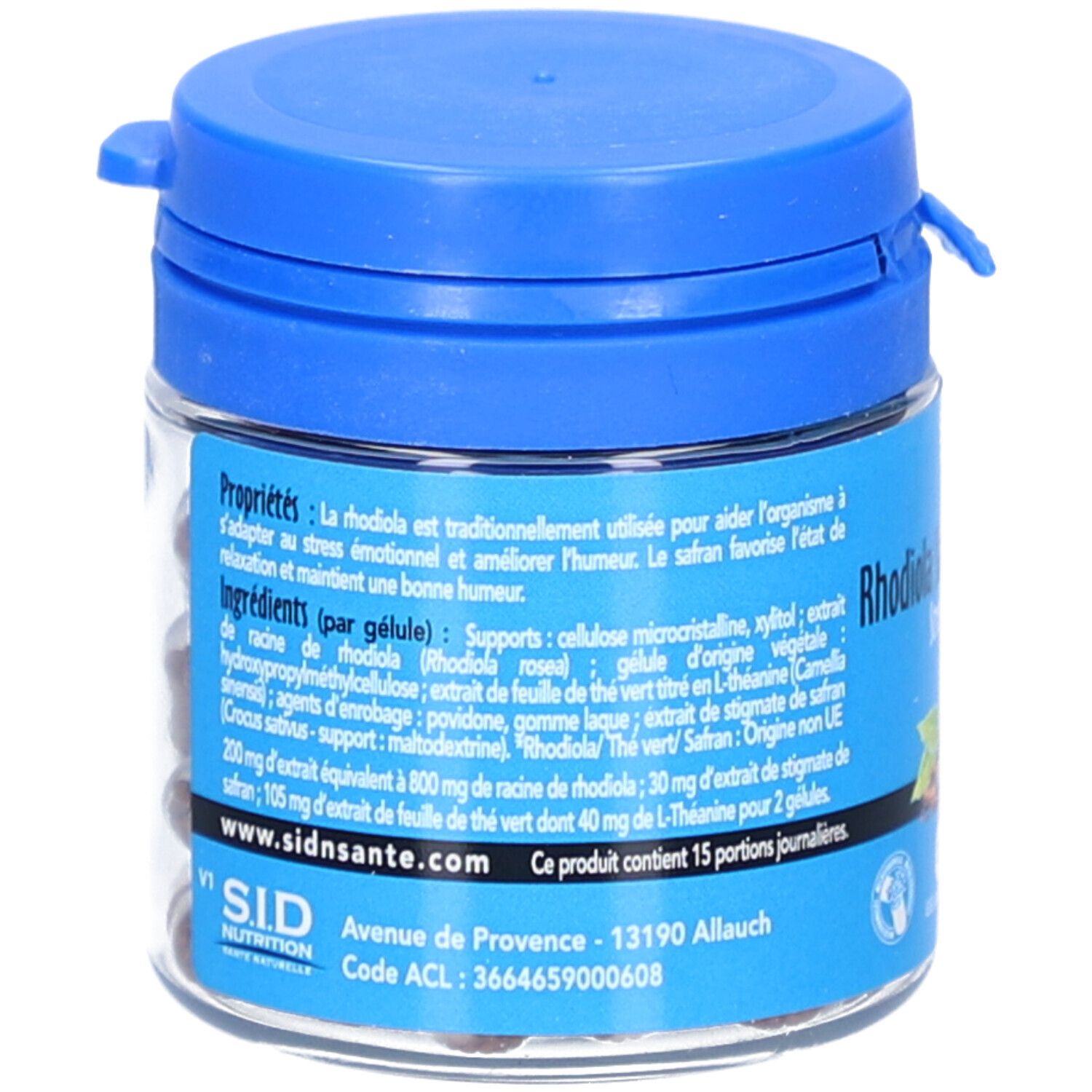 Boîte transparente avec gélules. Bouchon bleu. Texte: SID Nutrition, Rhodiola Safran L-Théanine. Ingrédients.