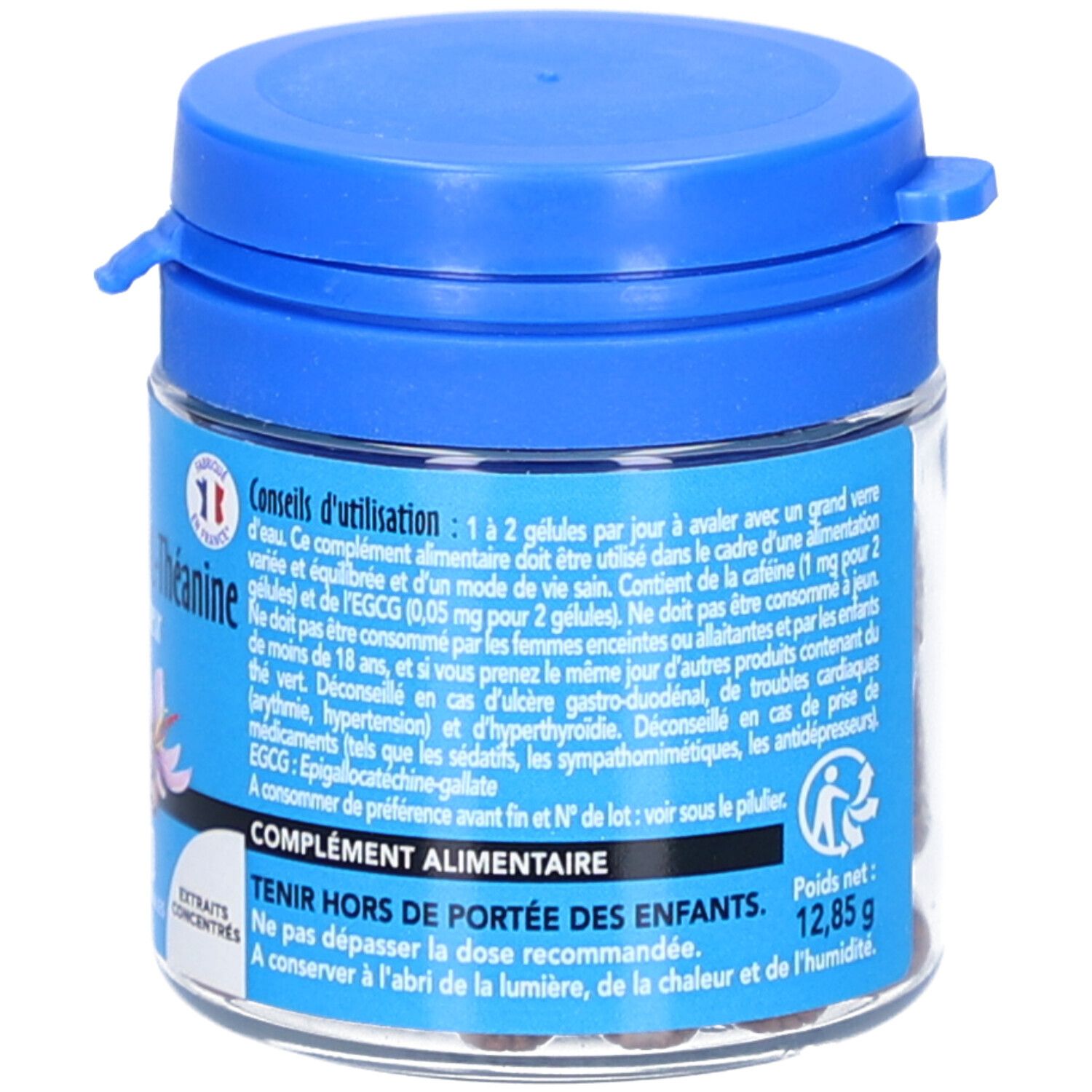 Boîte transparente avec gélules. Bouchon bleu. Texte: SID Nutrition, Rhodiola Safran L-Théanine. Conseils d'utilisation.