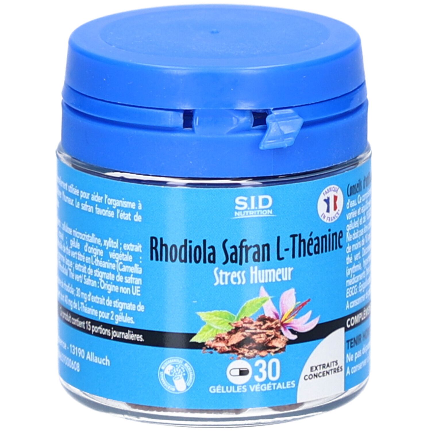 Boîte bleue SID Nutrition Rhodiola Safran L-Théanine. 30 gélules. Drapeau français. Texte: Extraits Concentrés.