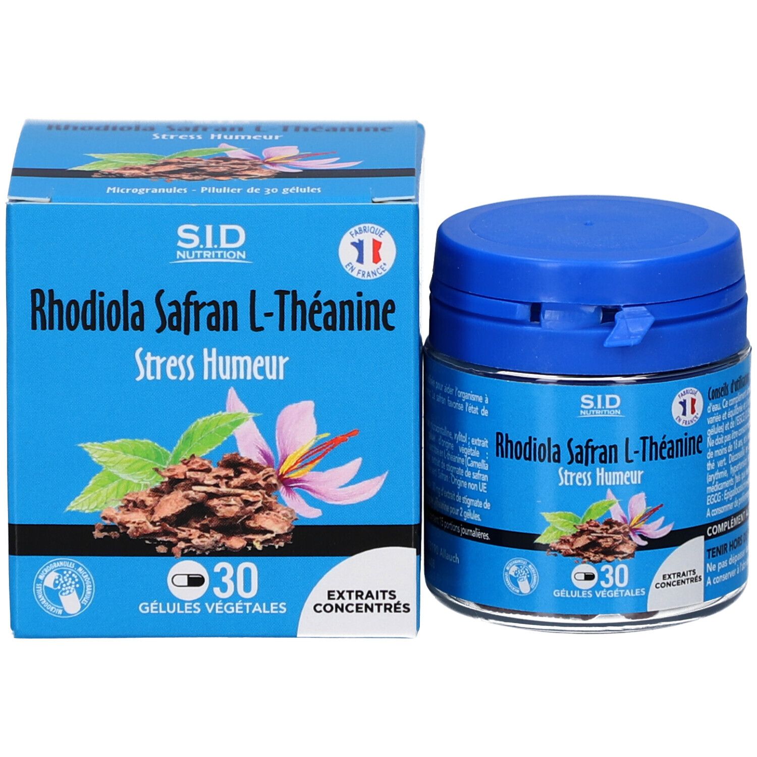 Emballage produit: boîte et flacon. SID Nutrition Rhodiola Safran L-Théanine. 30 gélules. Drapeau français.