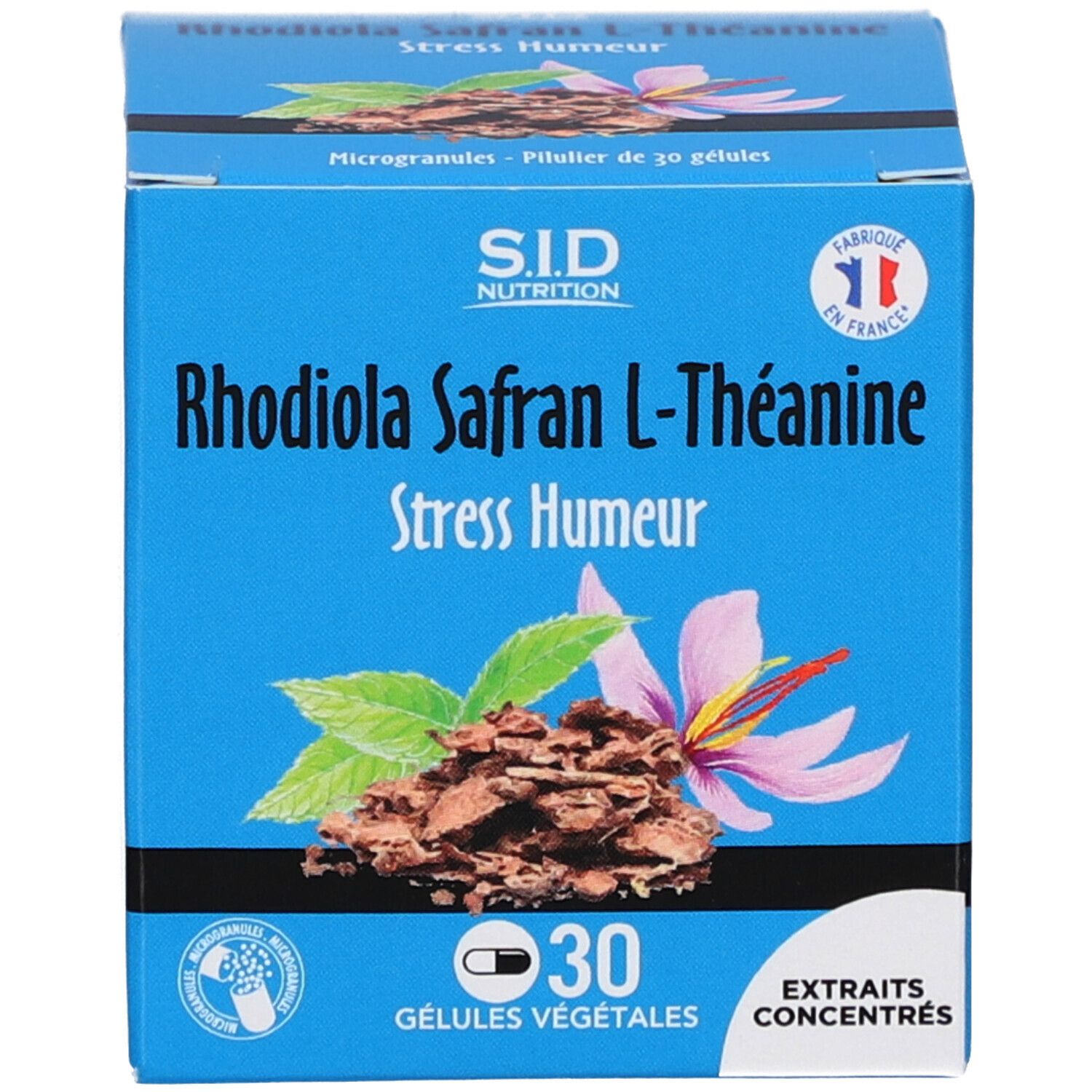 Boîte bleue SID Nutrition Rhodiola Safran L-Théanine. 30 gélules. Drapeau français. Texte: Extraits Concentrés.