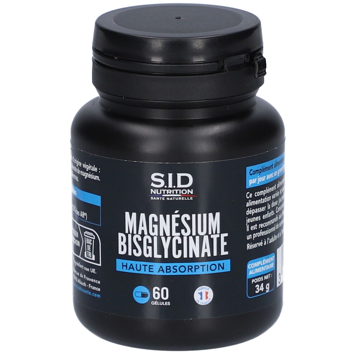 Flacon noir avec inscription MAGNÉSIUM BISGLYCINATE. 60 gélules. Marque S.I.D. Nutrition. Drapeau français.