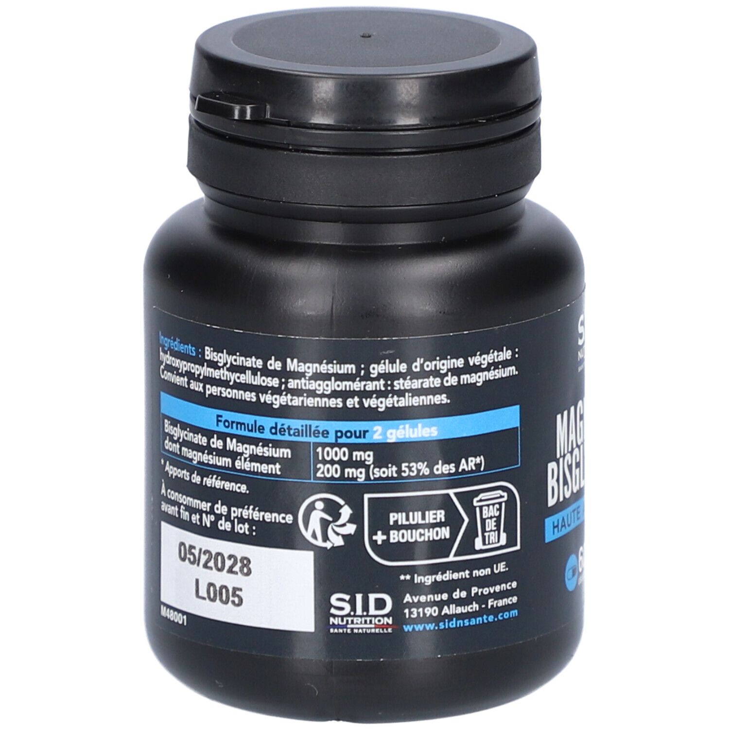 Dos du flacon noir. Contient des informations sur les ingrédients et le dosage. Date de péremption 05/2028. Marque S.I.D. Nutrition.