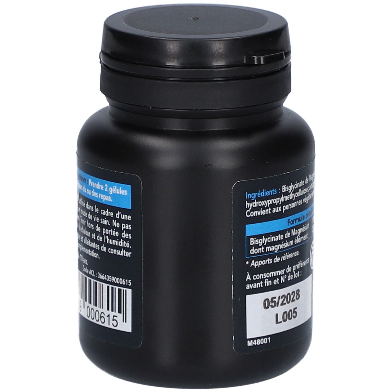 Flacon noir, vue latérale. Contient des informations sur les ingrédients et le dosage. Date de péremption 05/2028.
