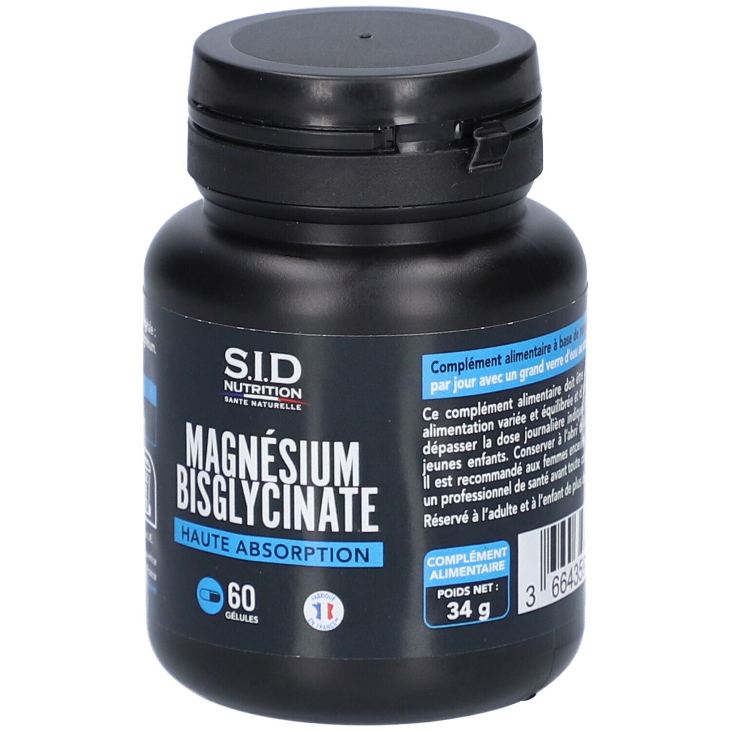 Flacon noir avec inscription MAGNÉSIUM BISGLYCINATE. 60 gélules. Marque S.I.D. Nutrition. Drapeau français. Poids net 34 g.