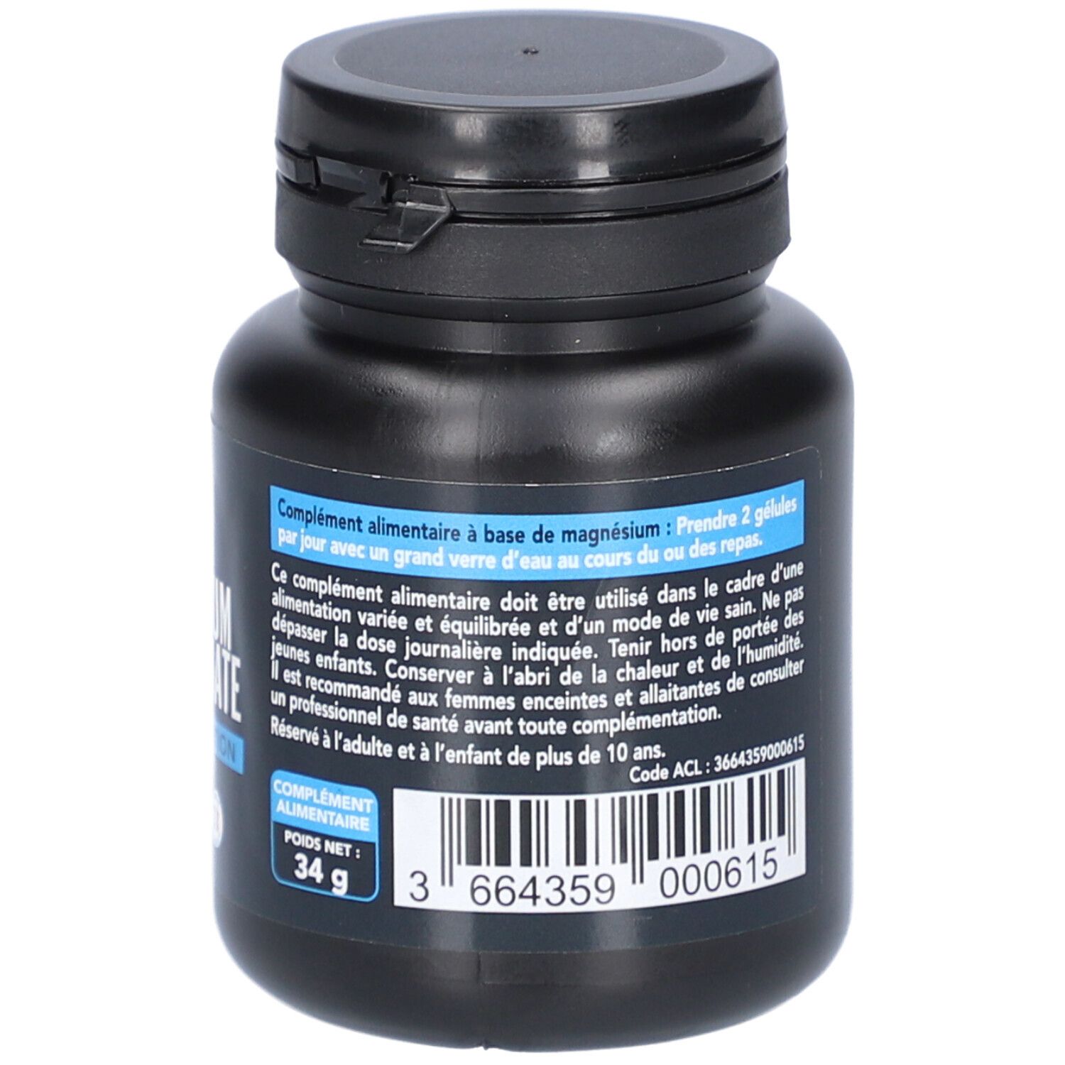 Dos du flacon noir. Contient des informations sur les ingrédients et le dosage. Poids net 34 g. Code-barres.