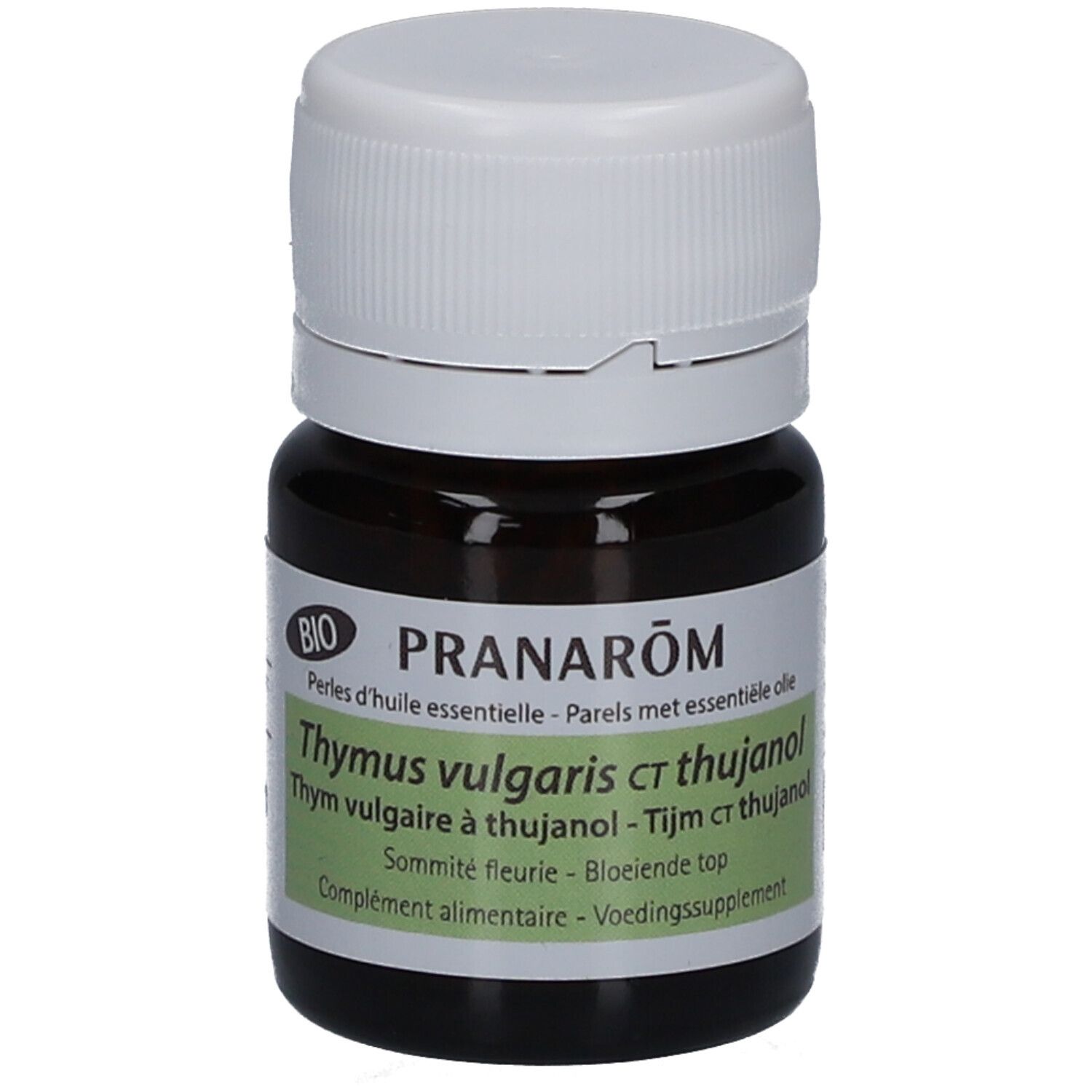 Flacon brun avec bouchon blanc. Étiquette avec nom du produit et label BIO. Texte: PRANAROM, Thymus vulgaris ct thujanol.