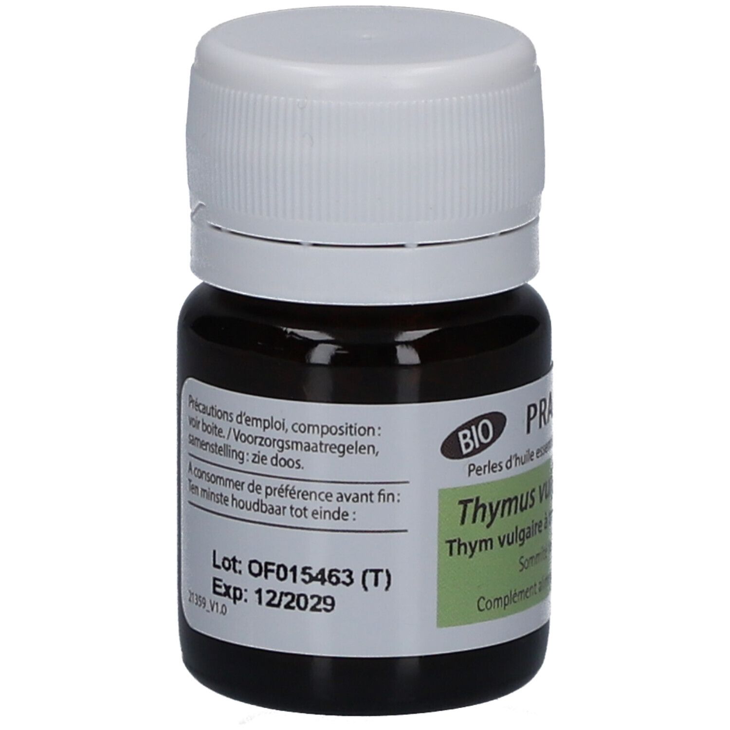 Flacon brun avec bouchon blanc. Étiquette avec informations produit, numéro de lot et date de péremption. Texte: PRANAROM, Thymus vulgaris.