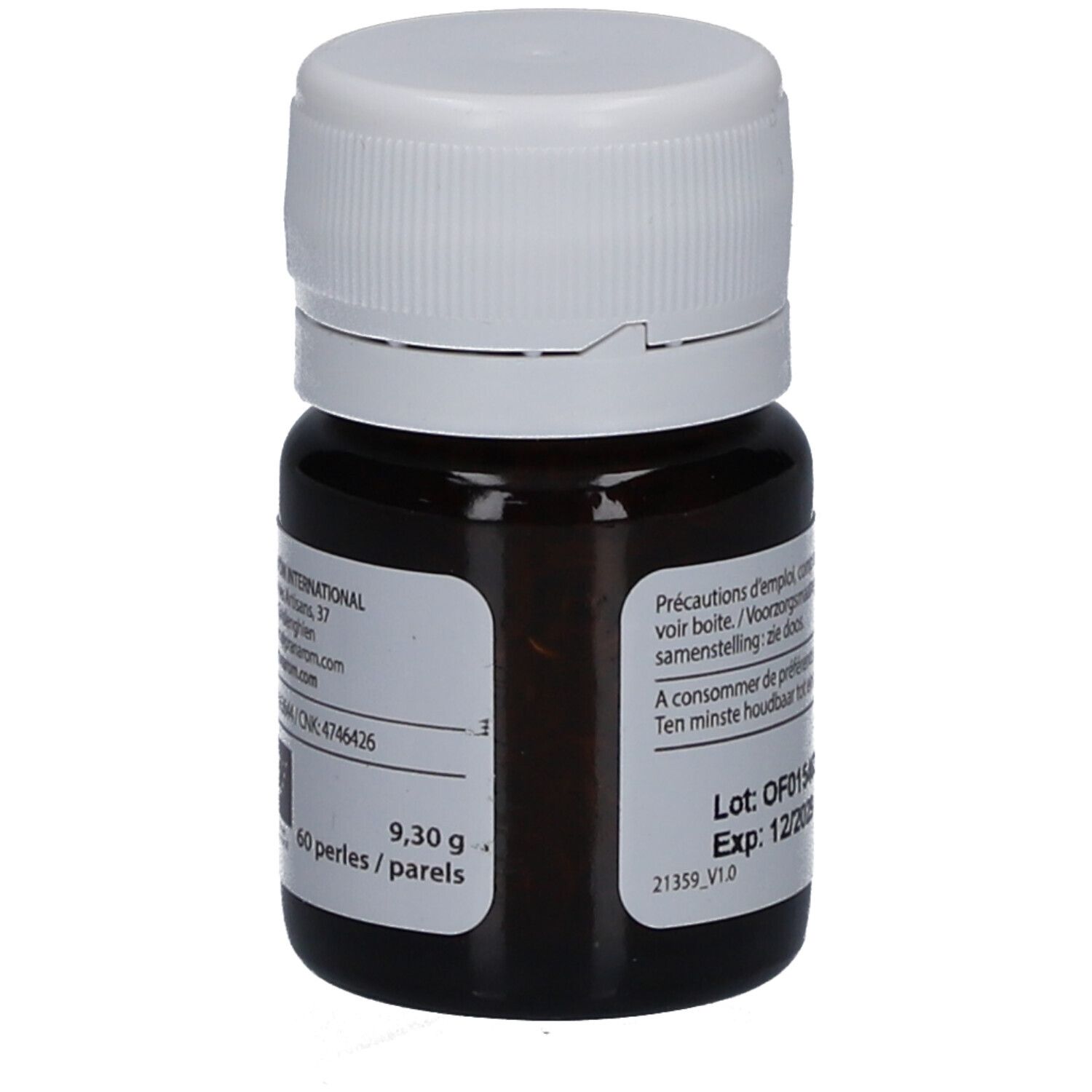 Flacon brun avec bouchon blanc. Étiquette avec informations produit et indication de contenu. Texte: 9,30 g, 60 perles / parels.