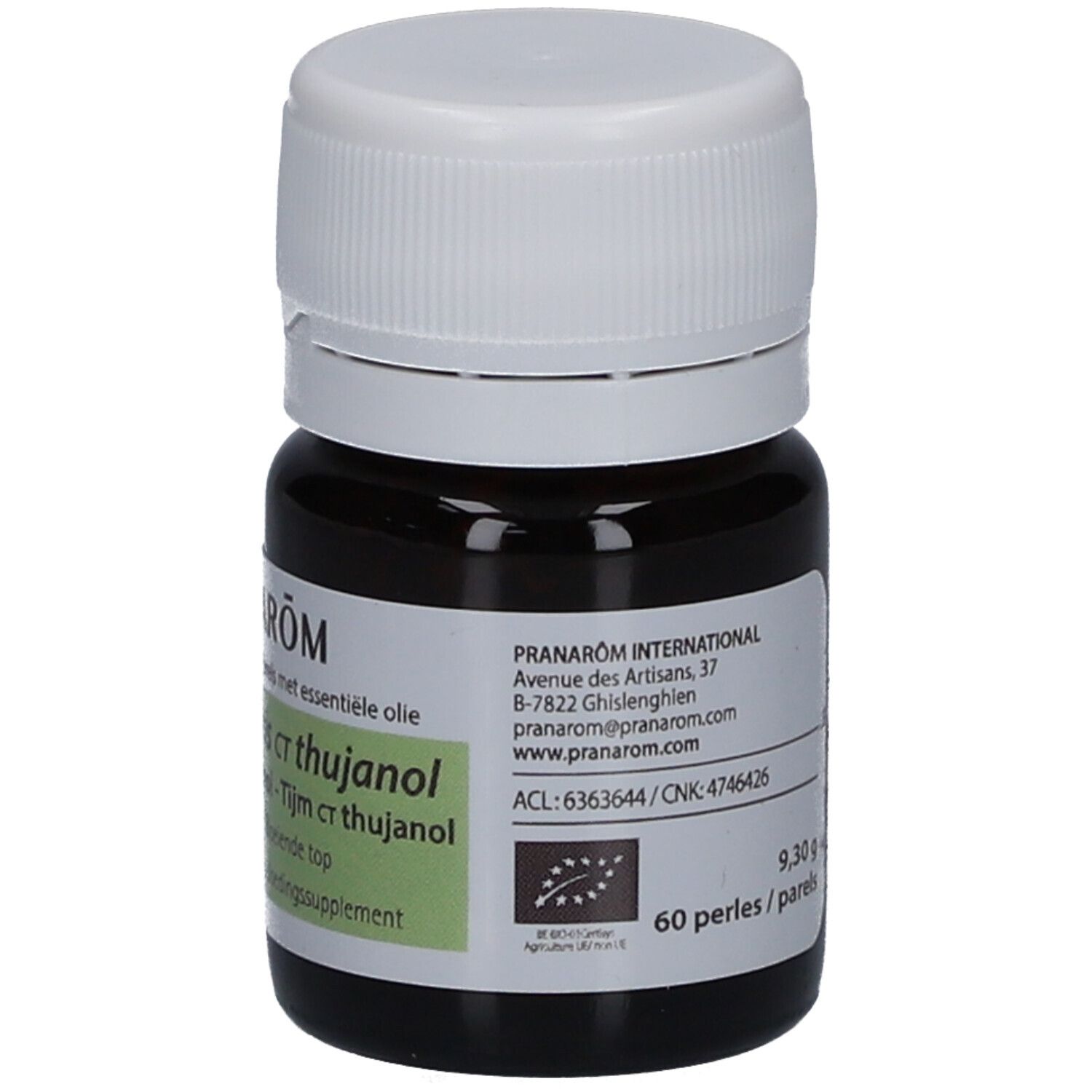 Flacon brun avec bouchon blanc. Étiquette avec informations produit et label BIO. Texte: PRANAROM, Thymus vulgaris ct thujanol.