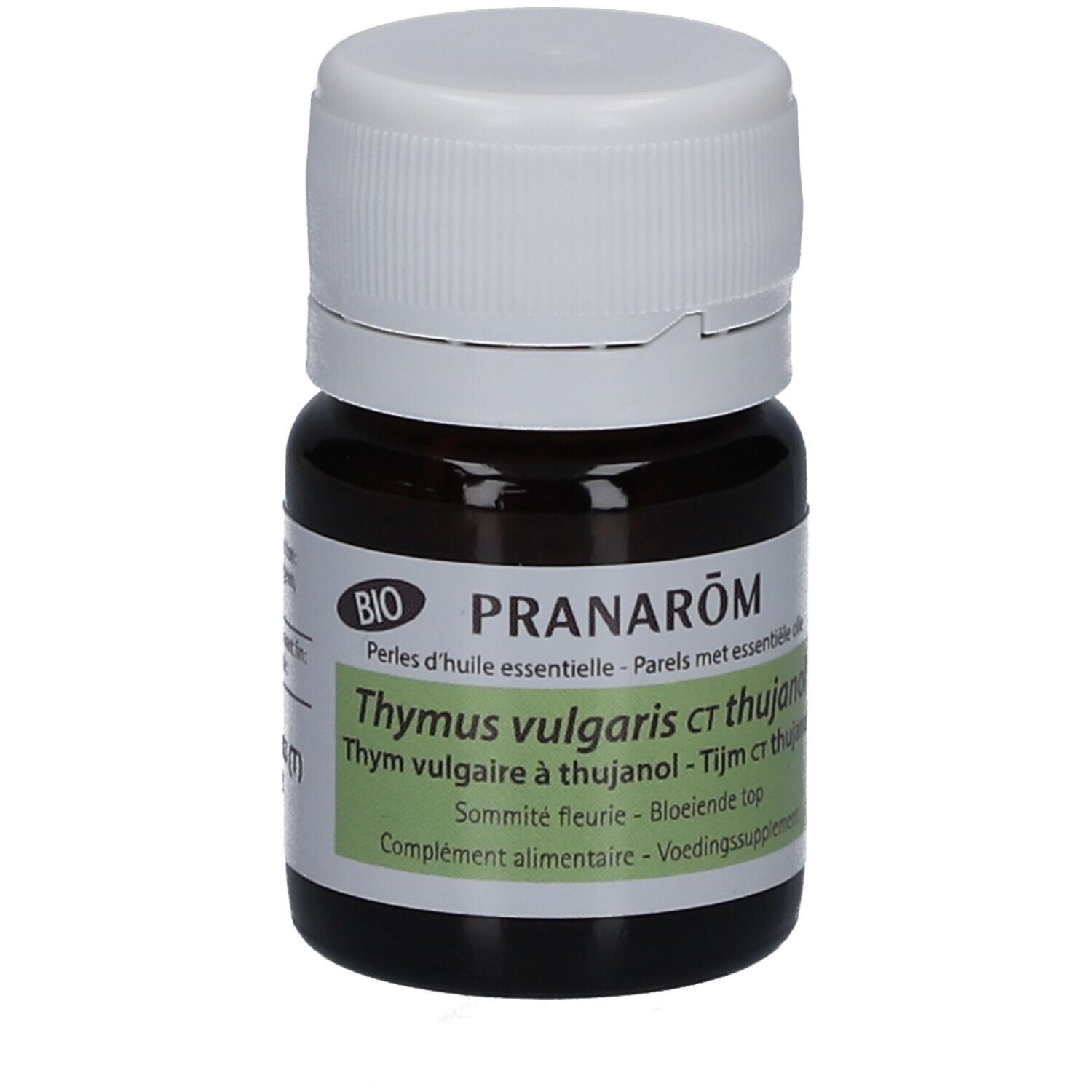 Flacon en verre brun avec bouchon blanc. Étiquette avec informations produit et label BIO. Texte: Thymus vulgaris ct thujanol.