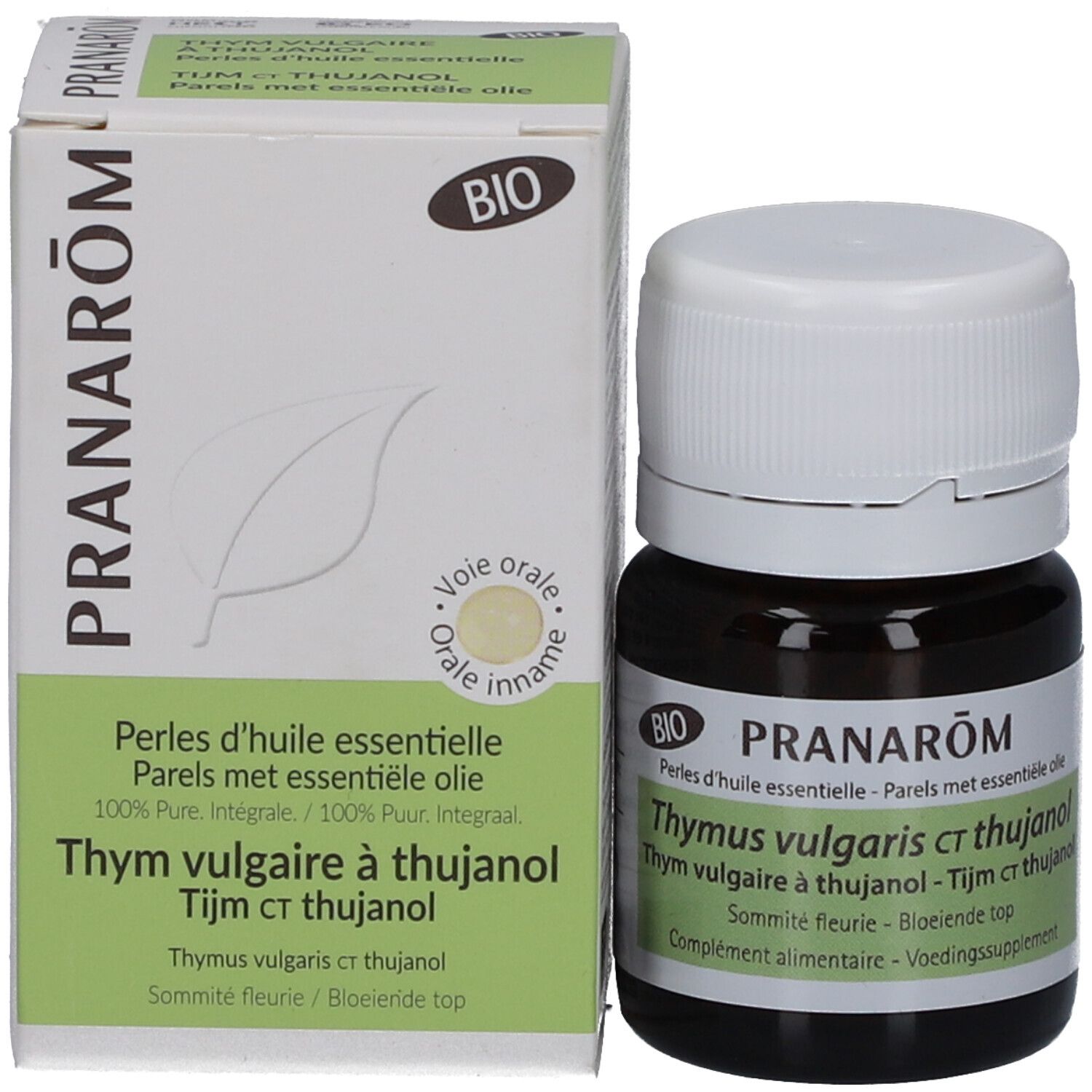 Emballage du produit avec flacon. Boîte blanche et flacon brun avec bouchon blanc. Texte: PRANAROM, Thymus vulgaris ct thujanol, BIO.