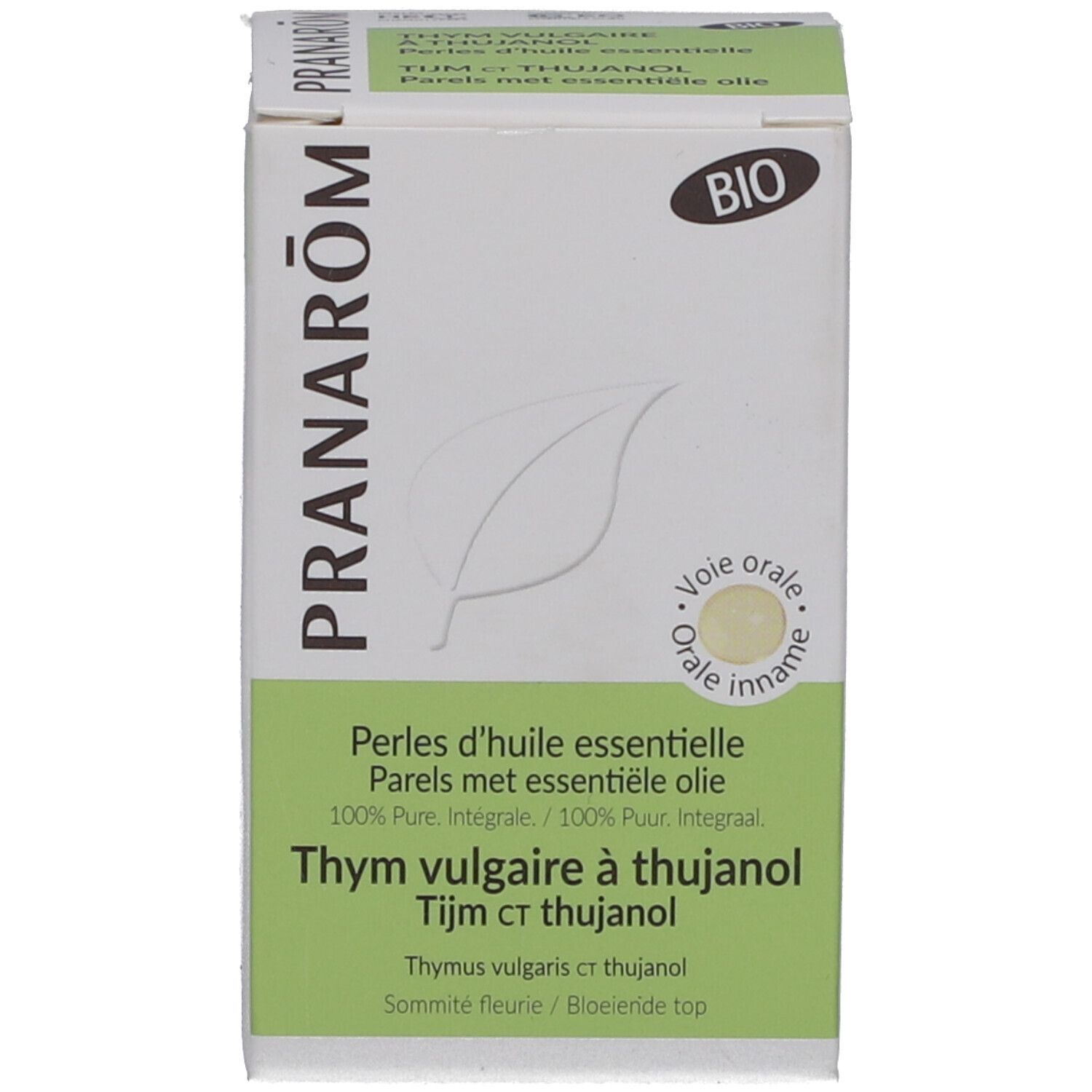 Emballage du produit. Boîte blanche avec nom du produit et label BIO. Texte: Thymus vulgaris ct thujanol.