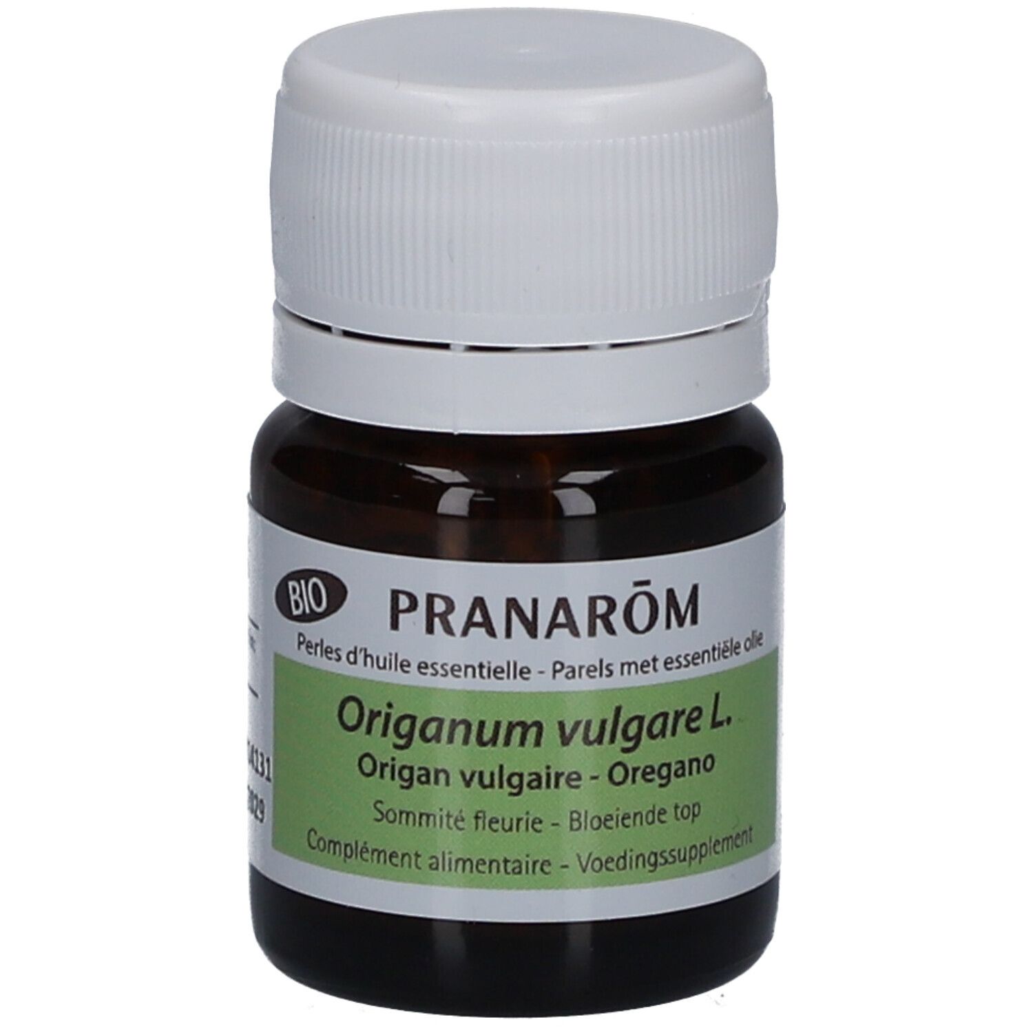 Flacon en verre brun avec bouchon blanc. Étiquette avec informations produit et label BIO. Texte: PRANAROM, Origanum vulgare L.