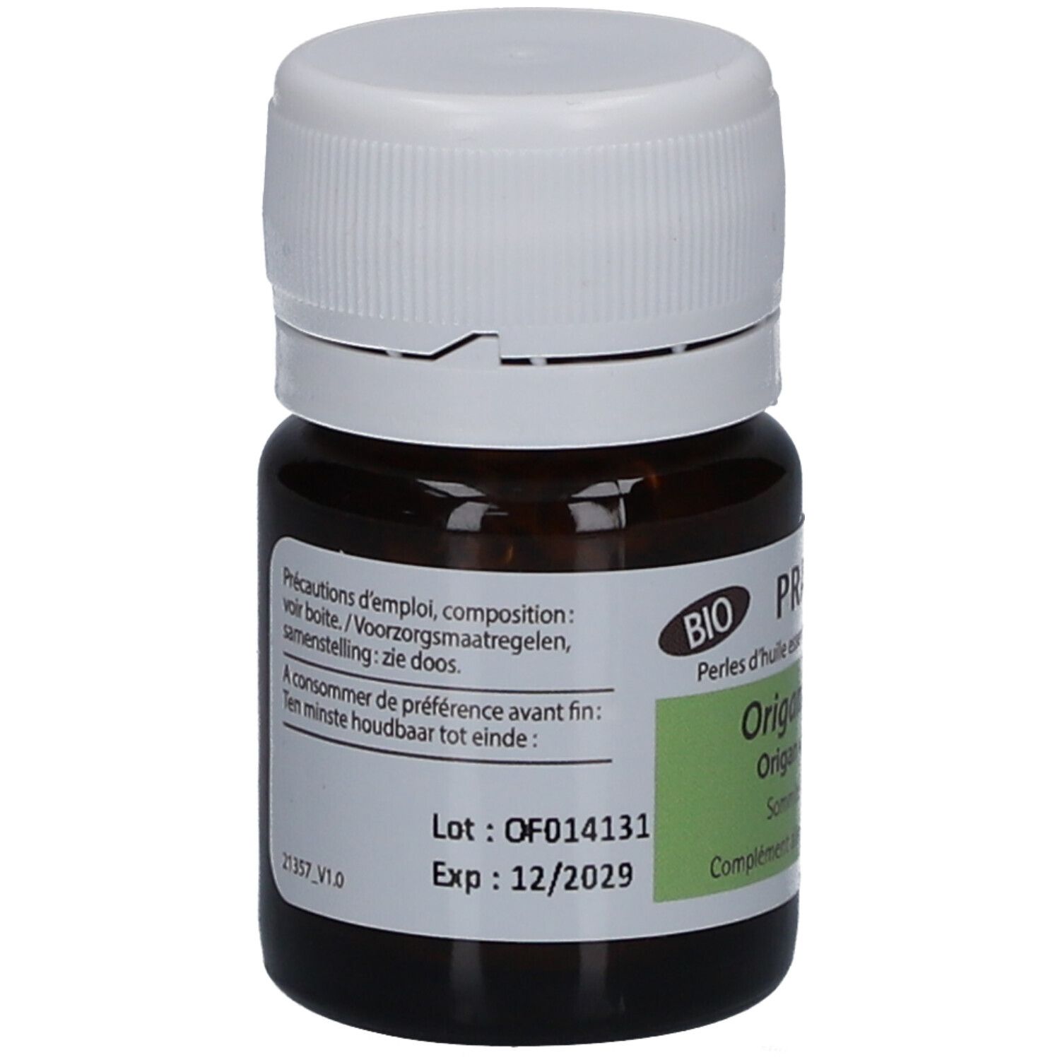 Flacon brun avec bouchon blanc. Étiquette avec texte et logo BIO. Expiration 12/2029.